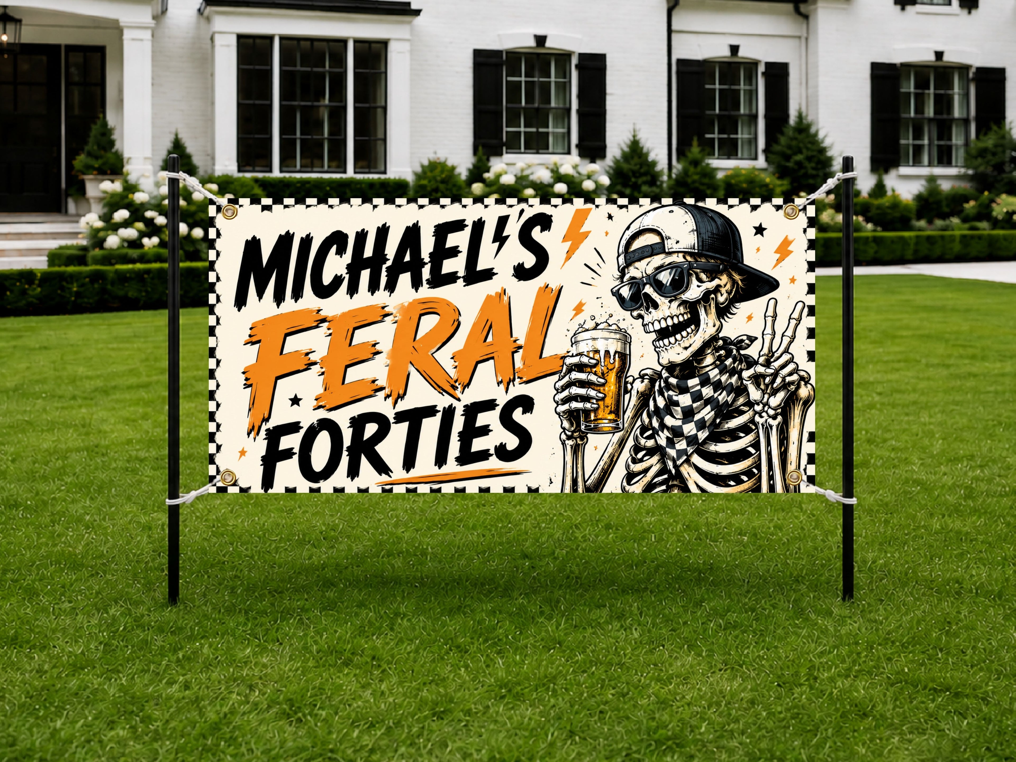 40th Birthday Banner, Feral Forties Party Backdrop, Funny Skeleton Sign