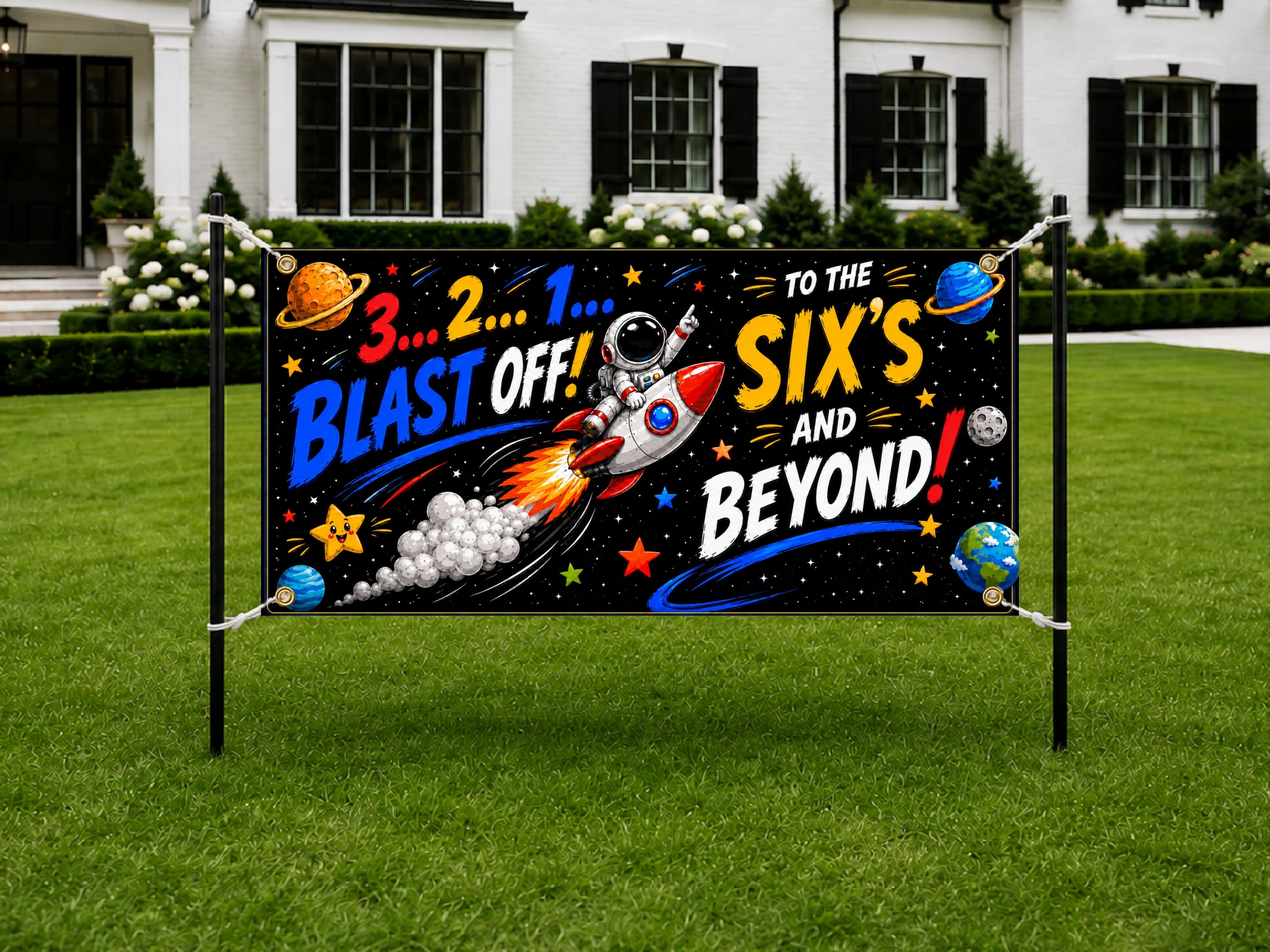 Funny 6th Birthday Banner, Space Party Sign, Kid Backdrop