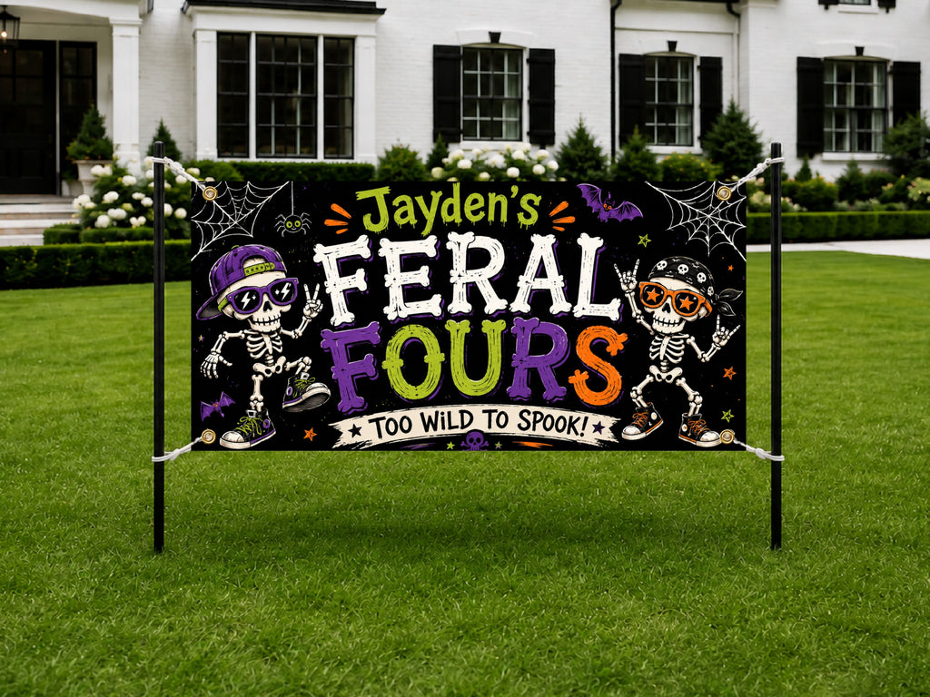 Personalized 4th Birthday Banner, Feral Fours Skeleton Party Sign, Halloween Backdrop