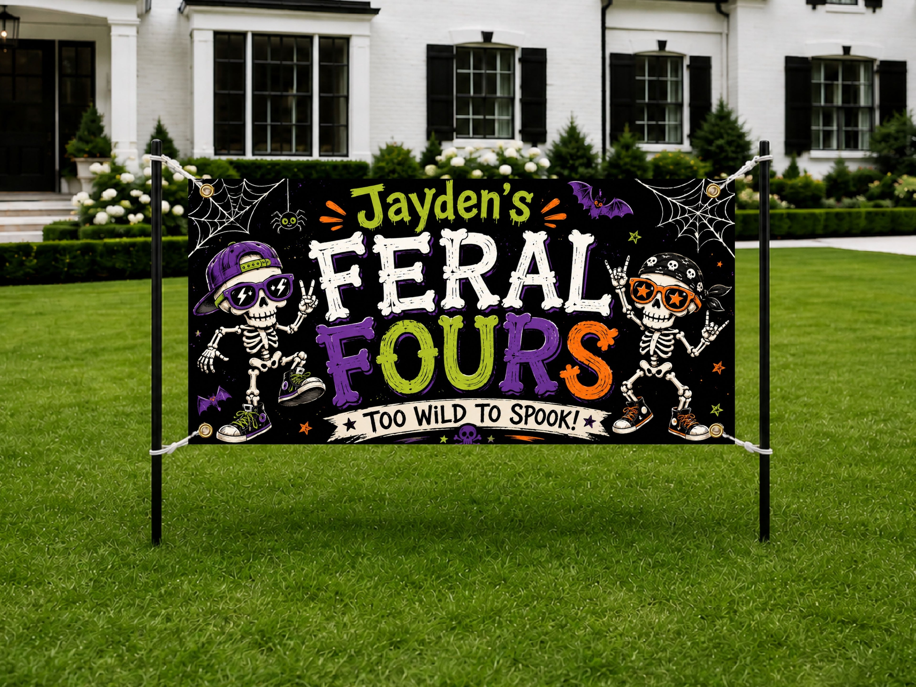 Personalized 4th Birthday Banner, Feral Fours Skeleton Party Sign, Halloween Backdrop