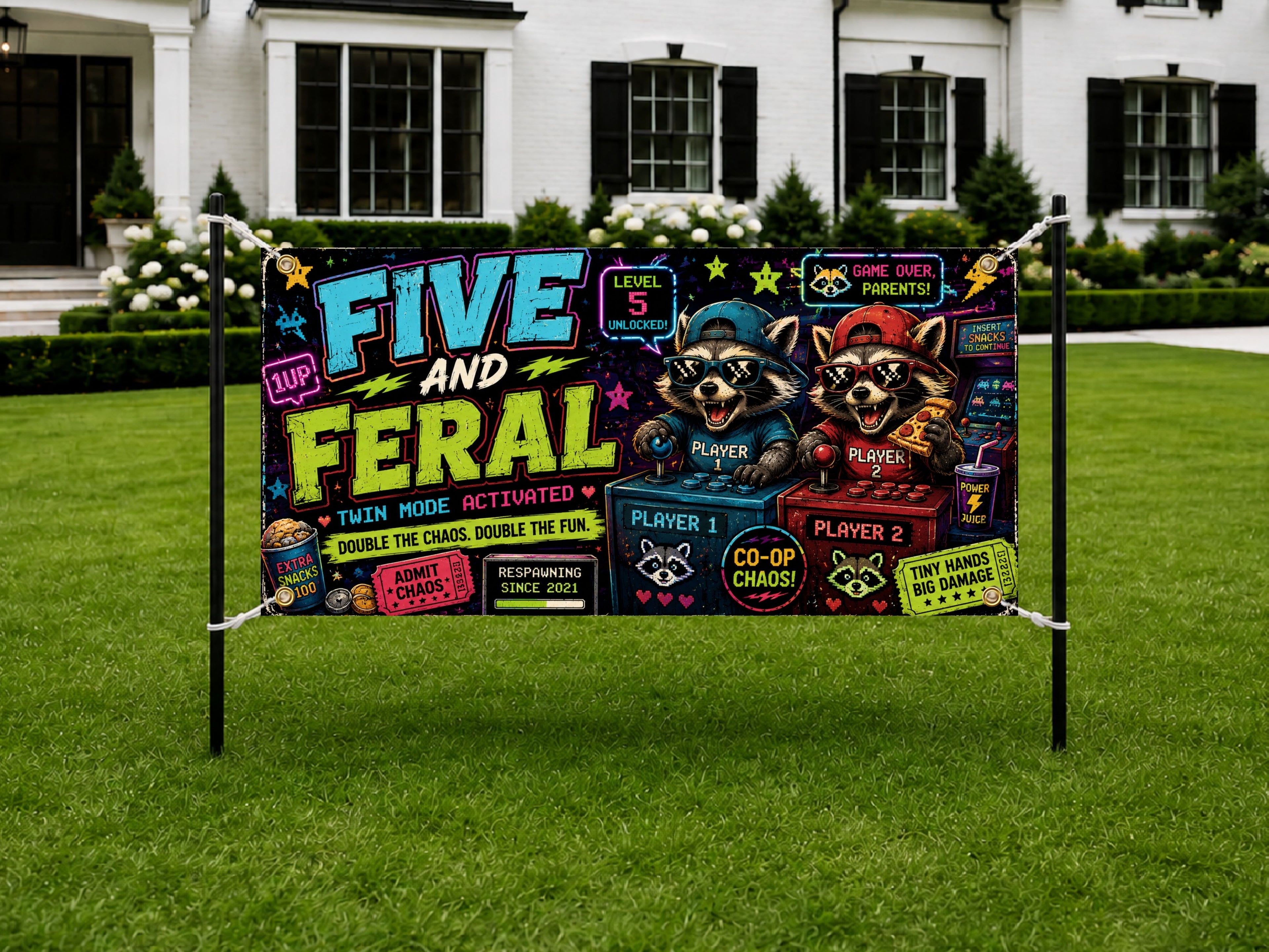 Funny 5th Birthday Banner, Twin Raccoon Party Sign, Gamer Backdrop