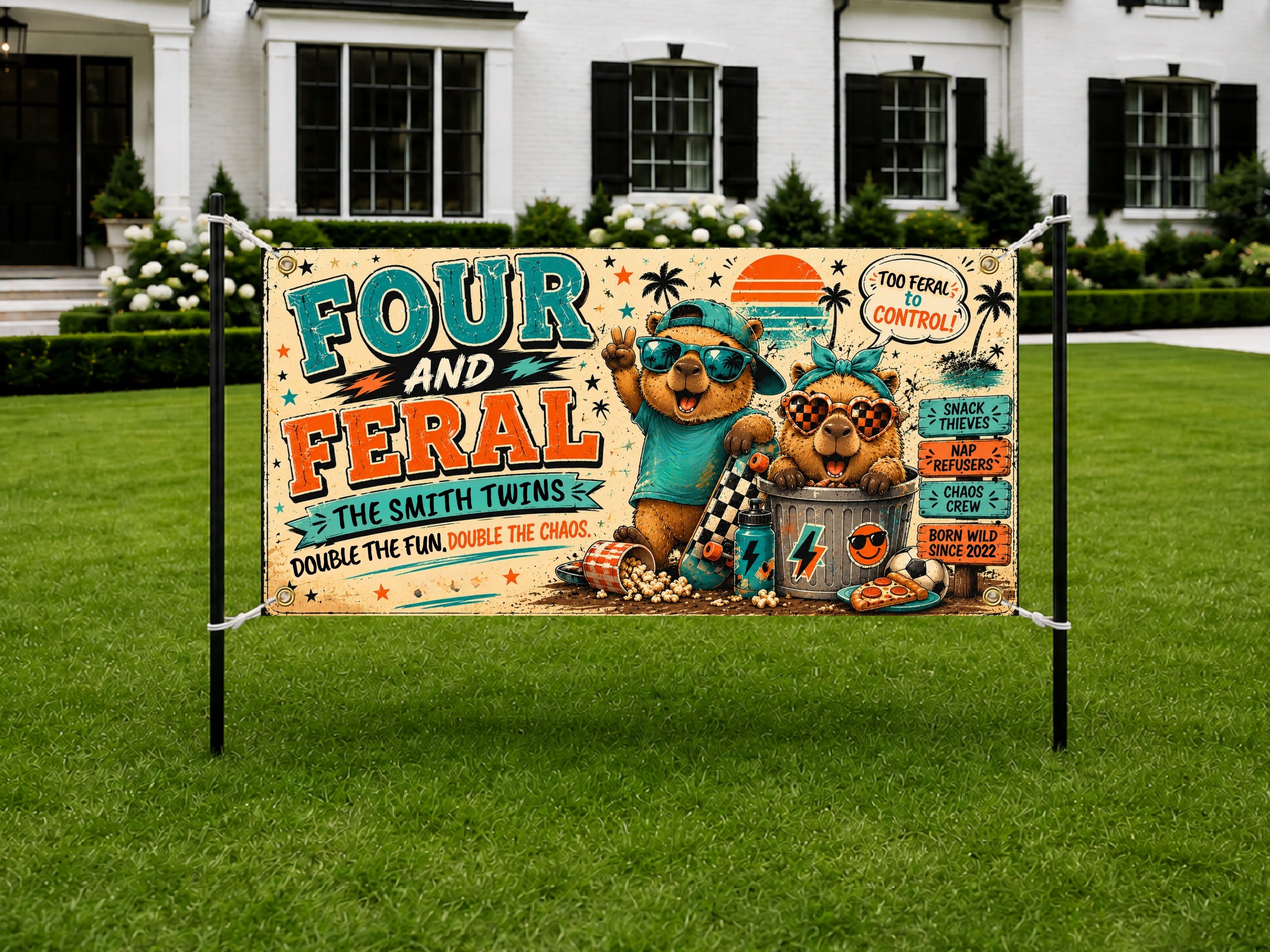 Funny 4th Birthday Banner, Twin Capybara Party Sign, Personalized Twins Bday Banner