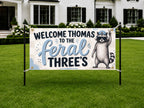 Feral Threes Birthday Banner, Three and 3 Year Old Birthday Party Decor, Funny Raccoon Third Birthday Sign for Wild Toddler Celebration
