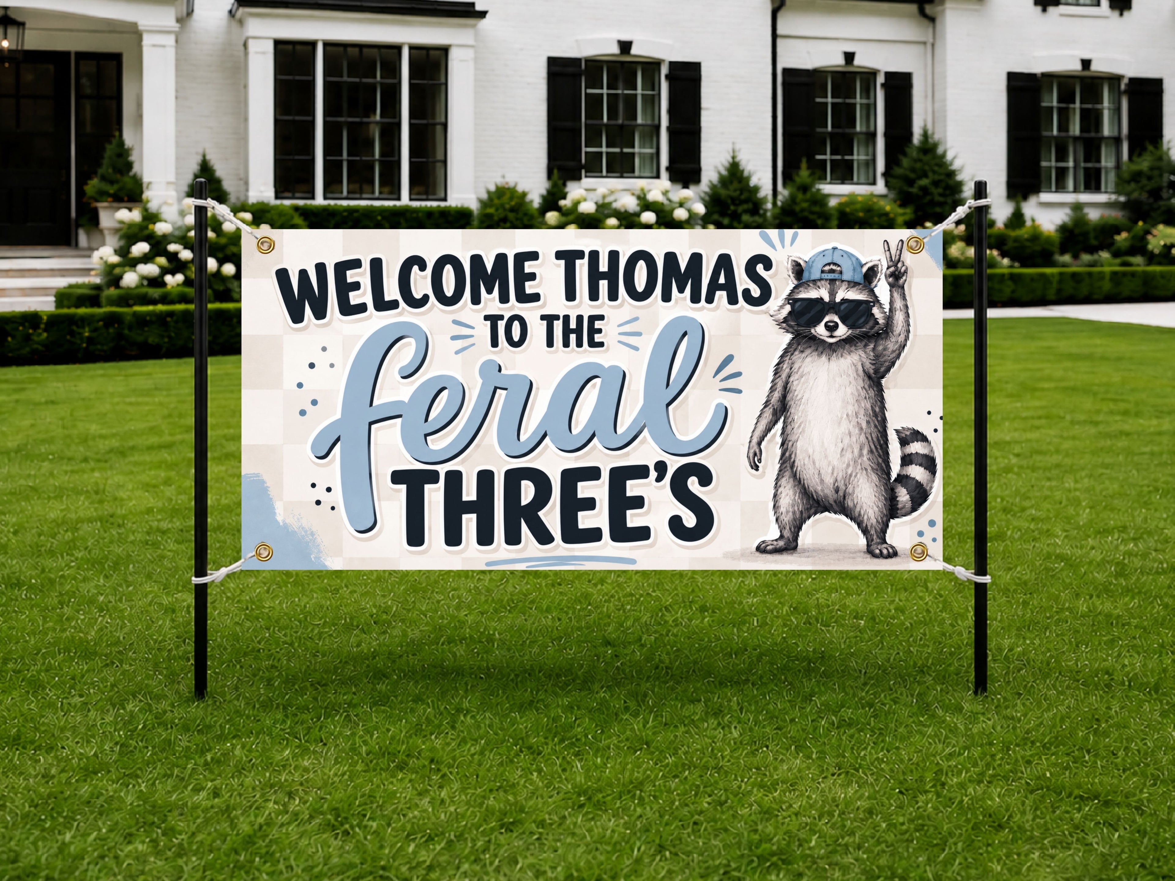 Feral Threes Birthday Banner, Three and 3 Year Old Birthday Party Decor, Funny Raccoon Third Birthday Sign for Wild Toddler Celebration