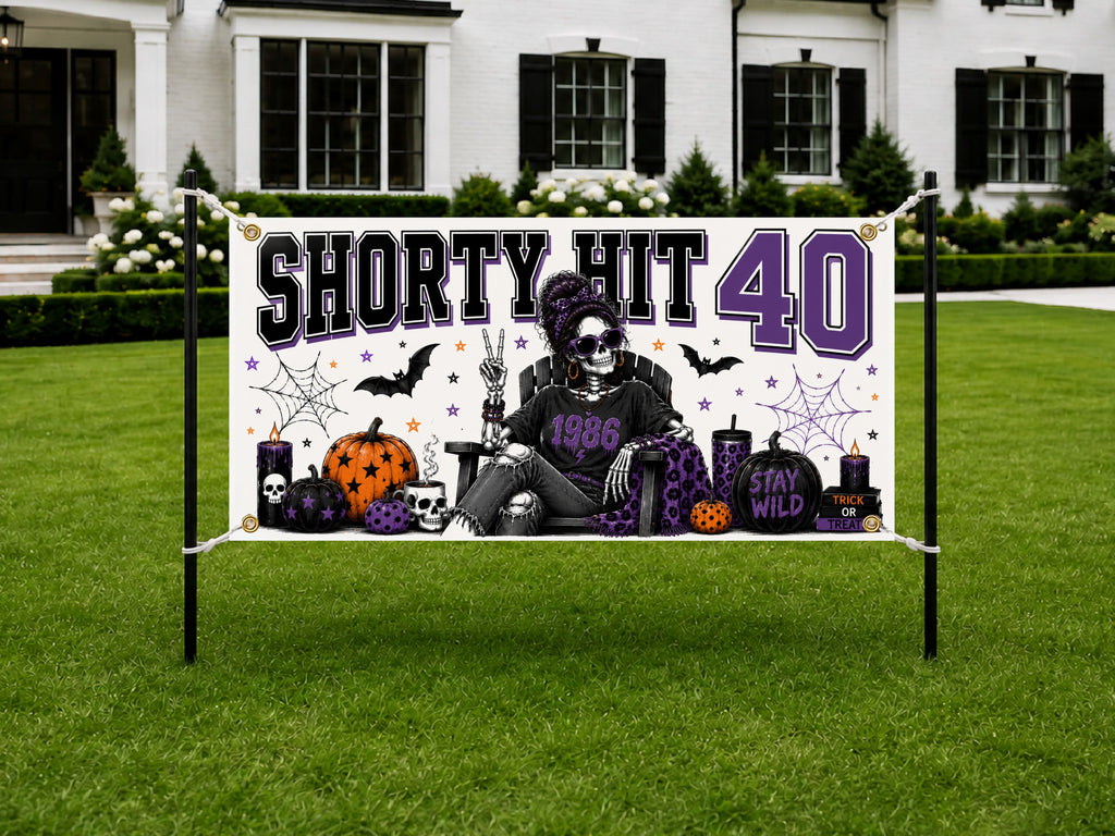 Funny 40th Birthday Banner, Skeleton Party Backdrop, Gothic Birthday Decor