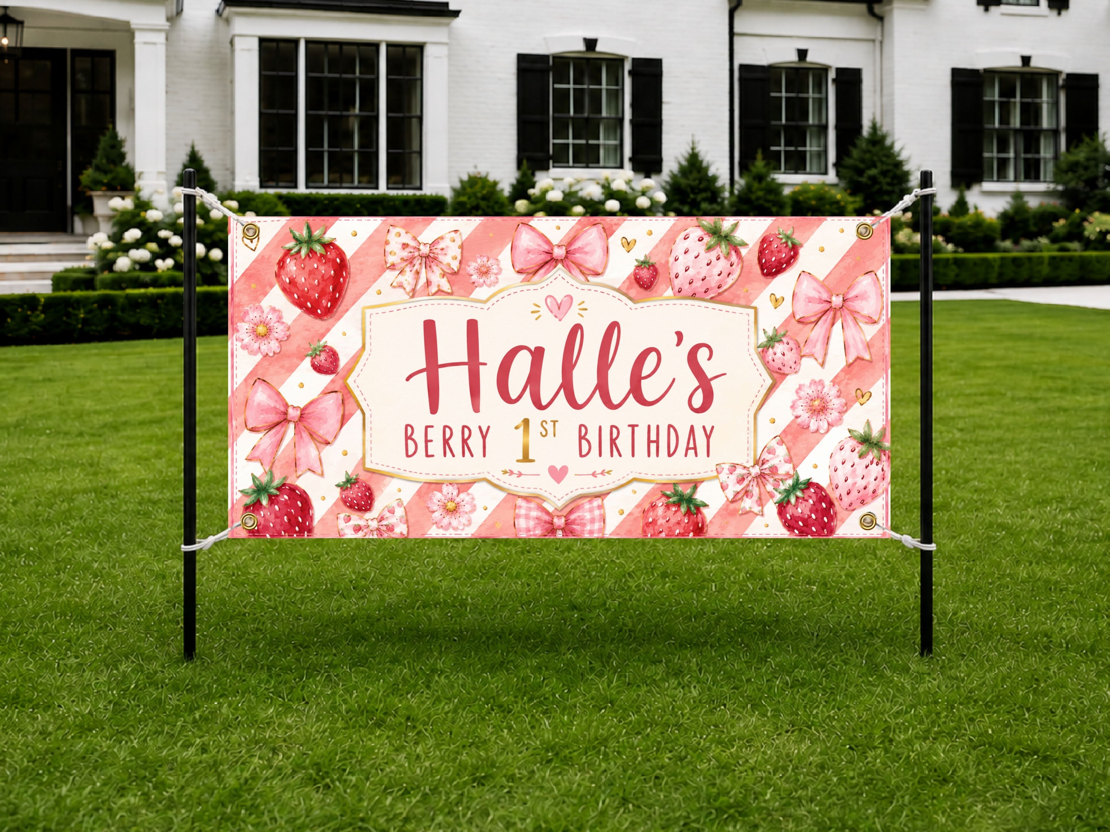 1st Birthday Banner, Strawberry Birthday Sign, Personalized Girls Birthday Banner