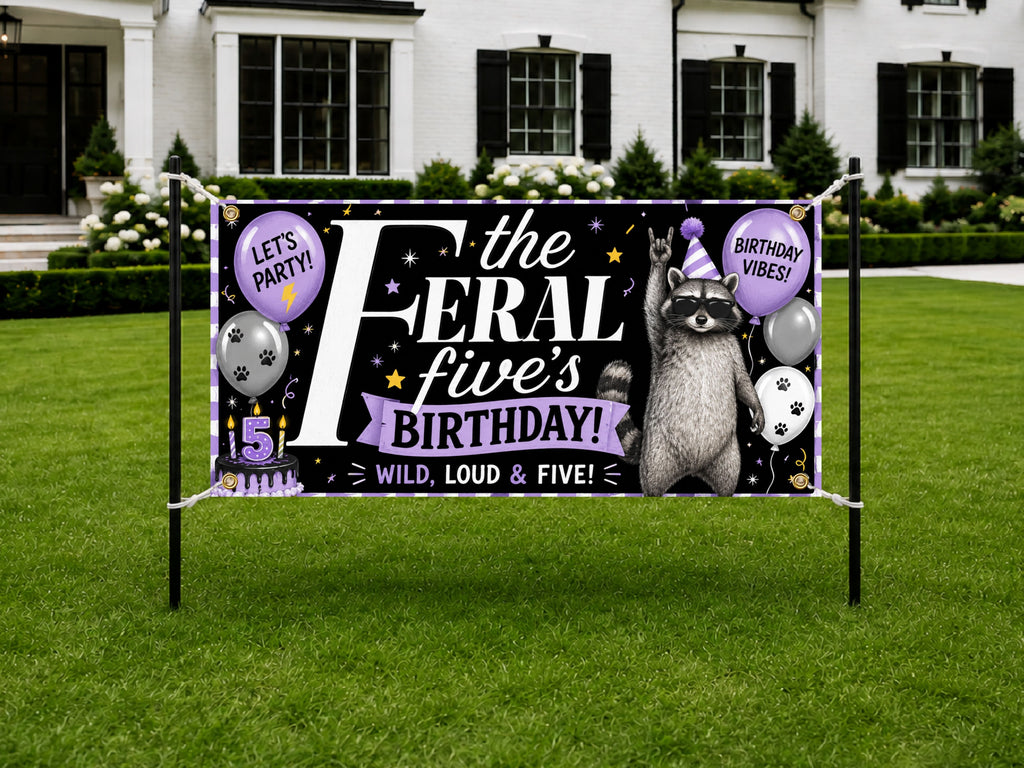 Funny 5th Birthday Banner, Feral Five Raccoon Sign, Personalized Kids Birthday Banner