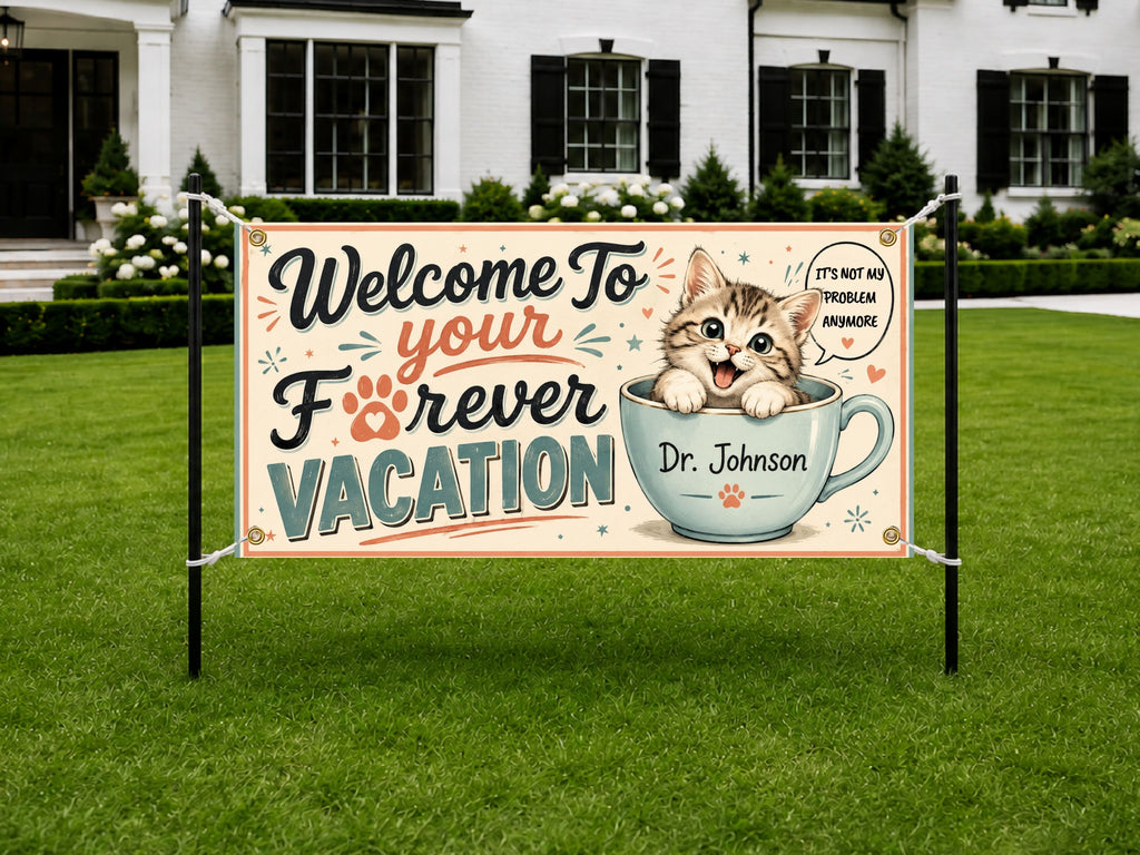 Retirement Party Banner, Forever Vacation Sign, Funny Cat Backdrop