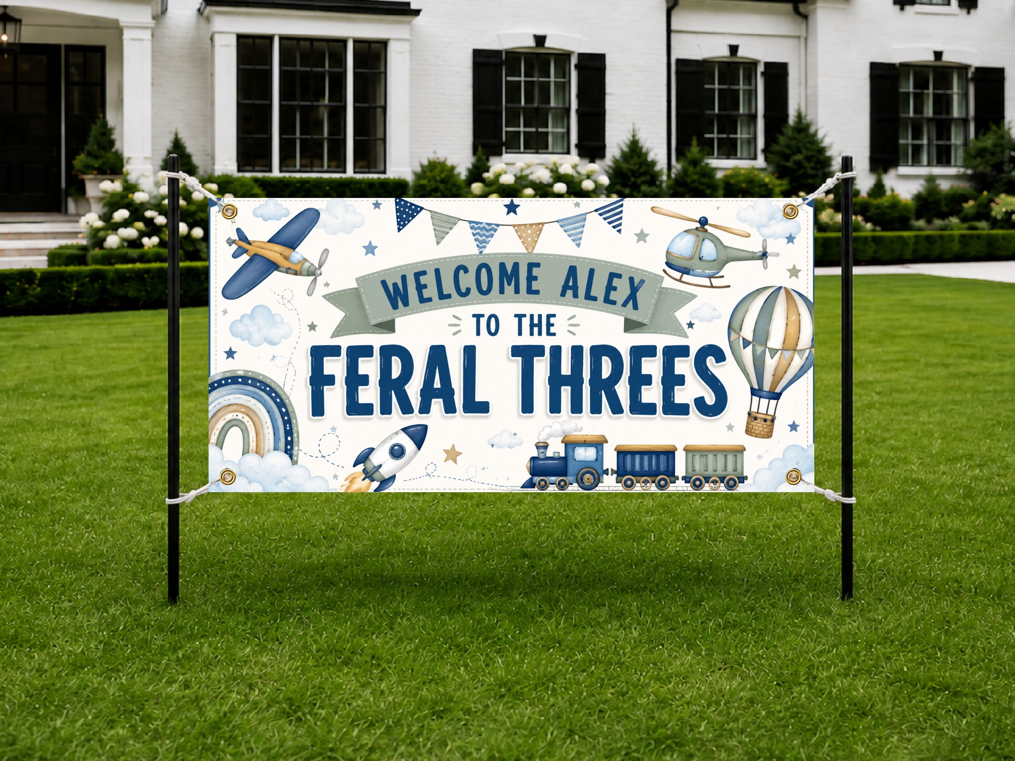 Feral Threes Birthday Banner, Three Year Old Airplane Birthday Party Decor