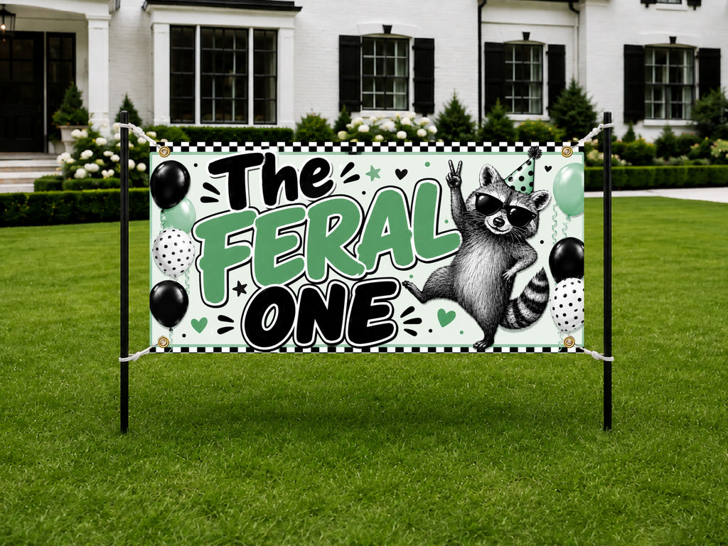 Funny 1st Birthday Banner, Feral One Raccoon Sign, Party Backdrop