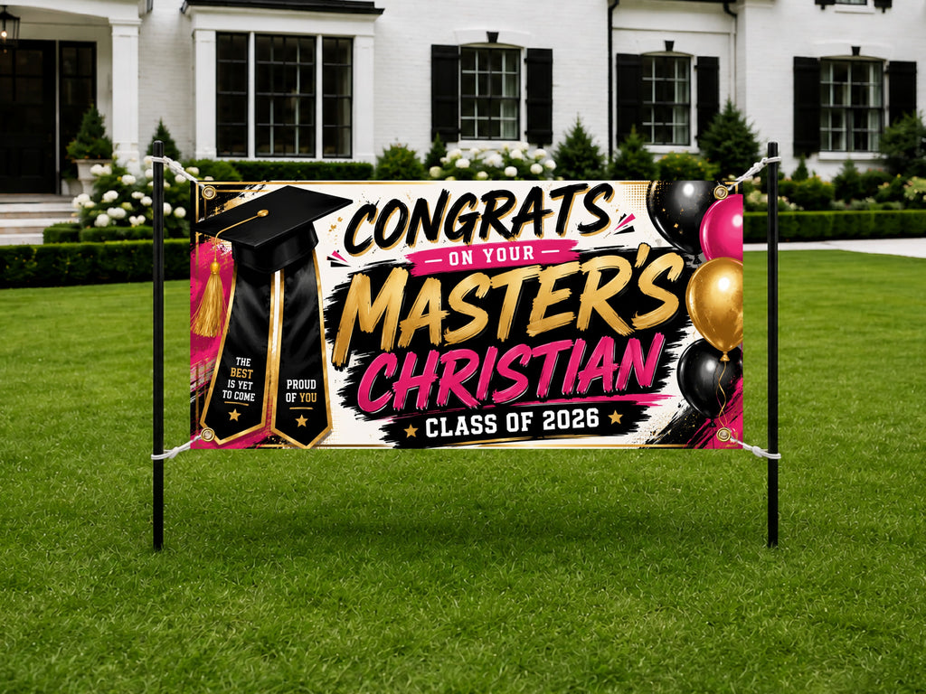 Masters Graduation Banner, Personalized Grad Party Sign, Custom Name Backdrop