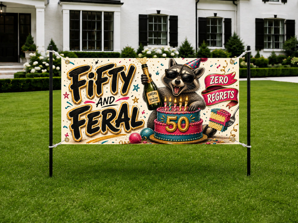 Funny 50th Birthday Banner, Fifty And Feral Sign, Zero Regrets Party Backdrop
