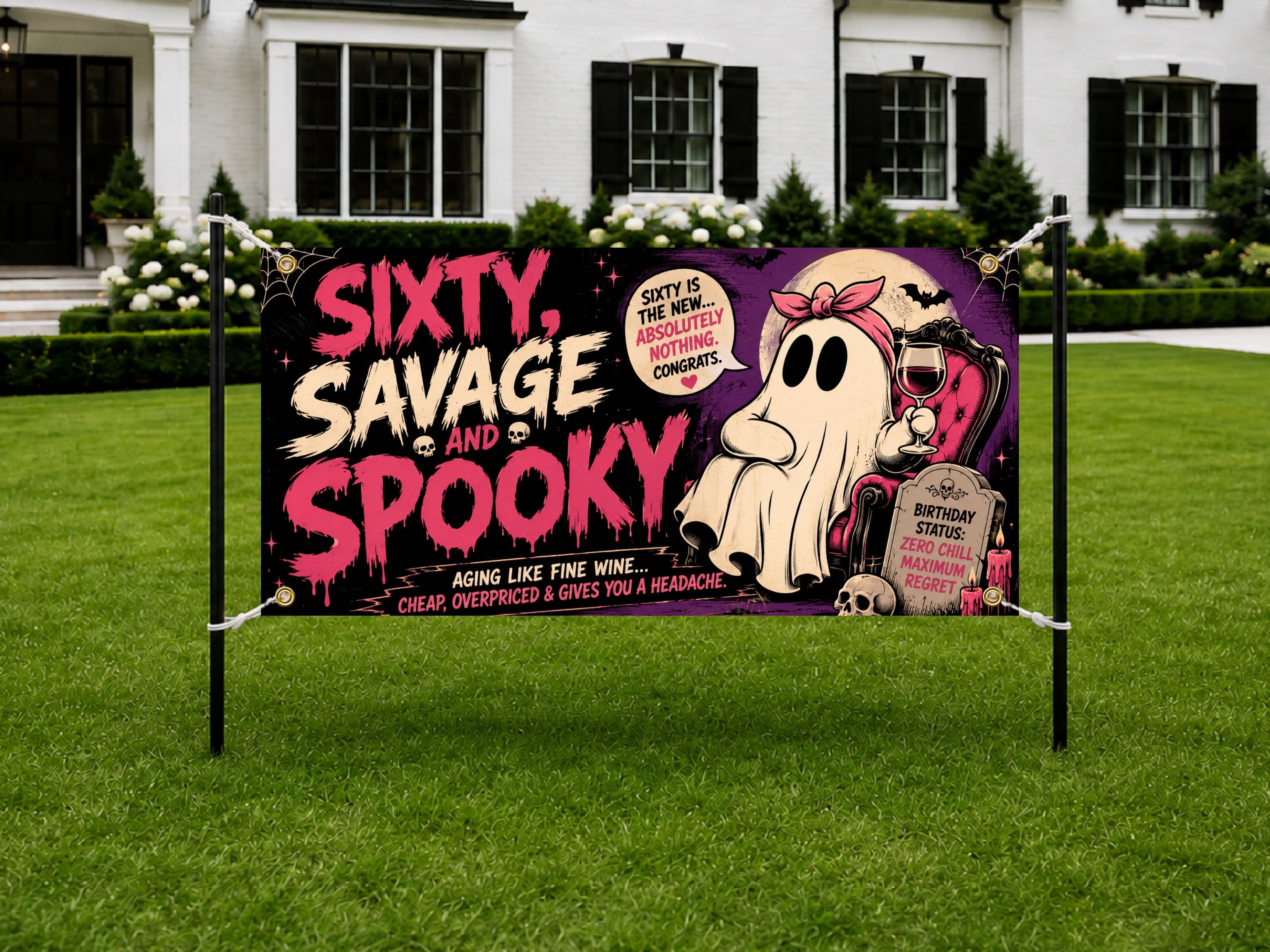 Funny 60th Birthday Banner, Sixty Savage And Spooky Party Sign, Ghost Backdrop