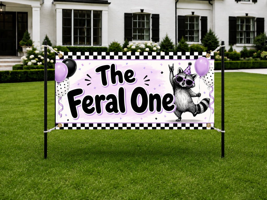 Funny 1st Birthday Banner, Feral One Raccoon Sign, Party Backdrop