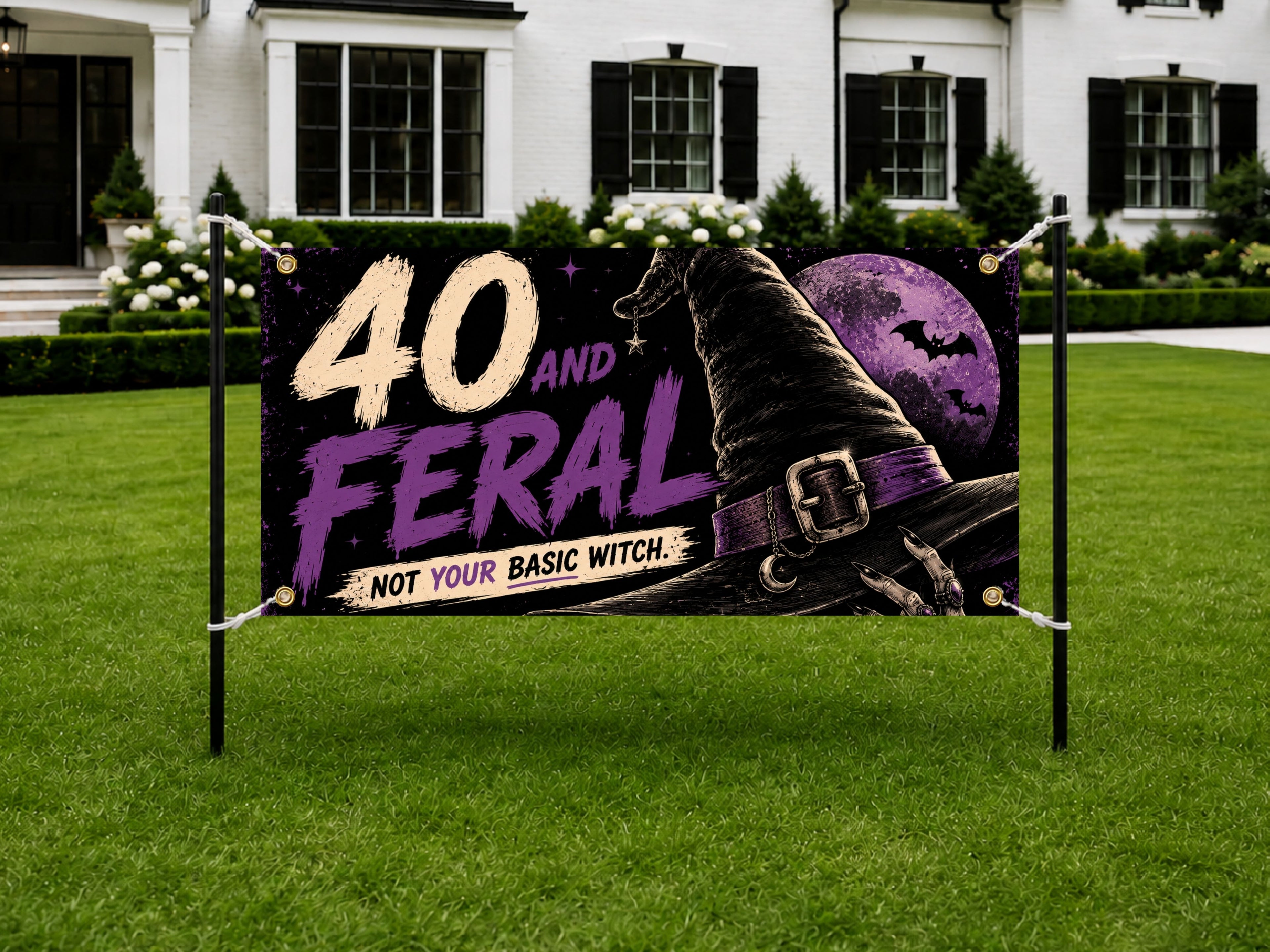 Funny 40th Birthday Banner, Feral Forty Witch Party Sign, Halloween Backdrop