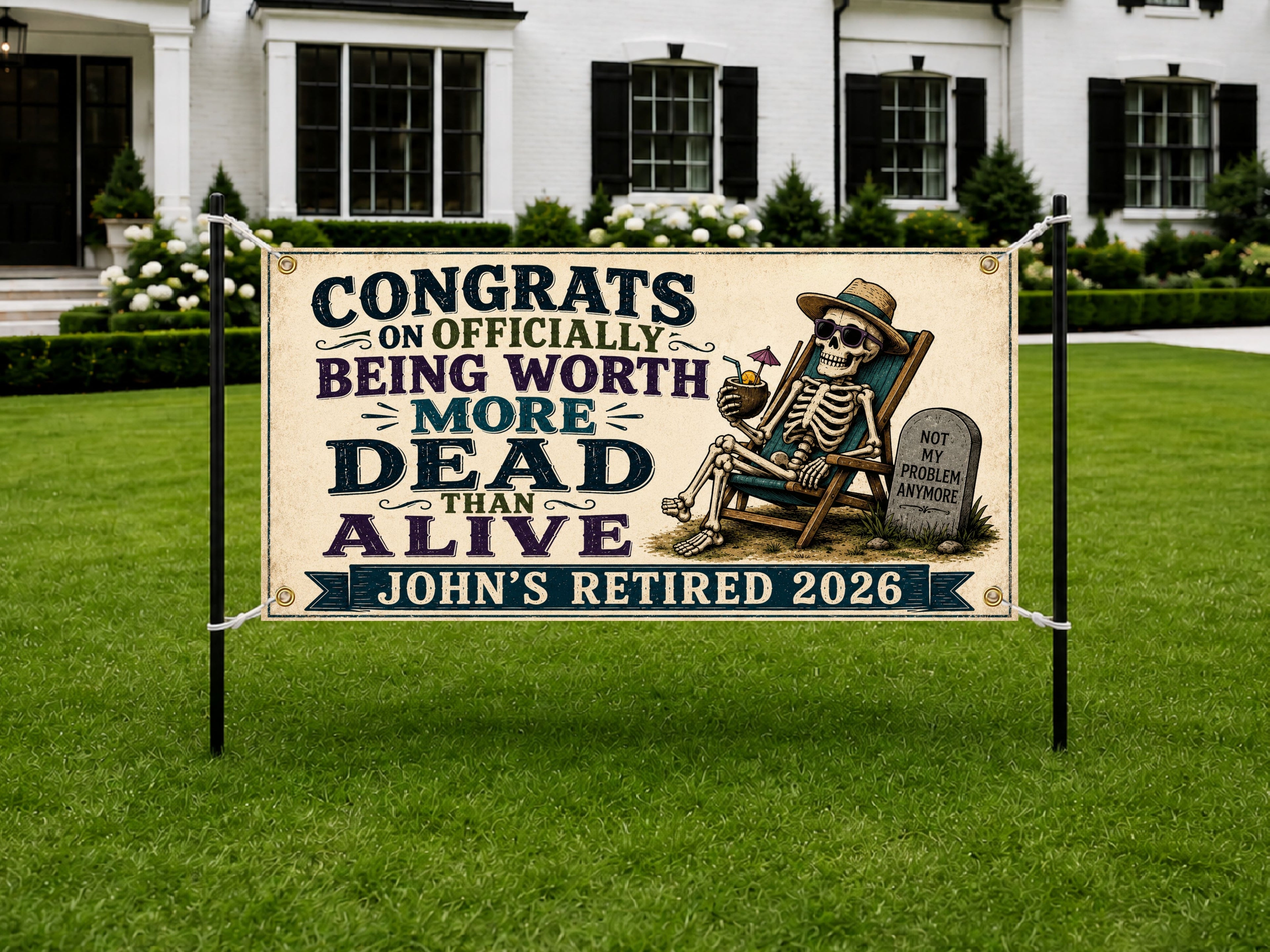 Funny Retirement Banner, Skeleton Party Sign, Office Farewell Backdrop