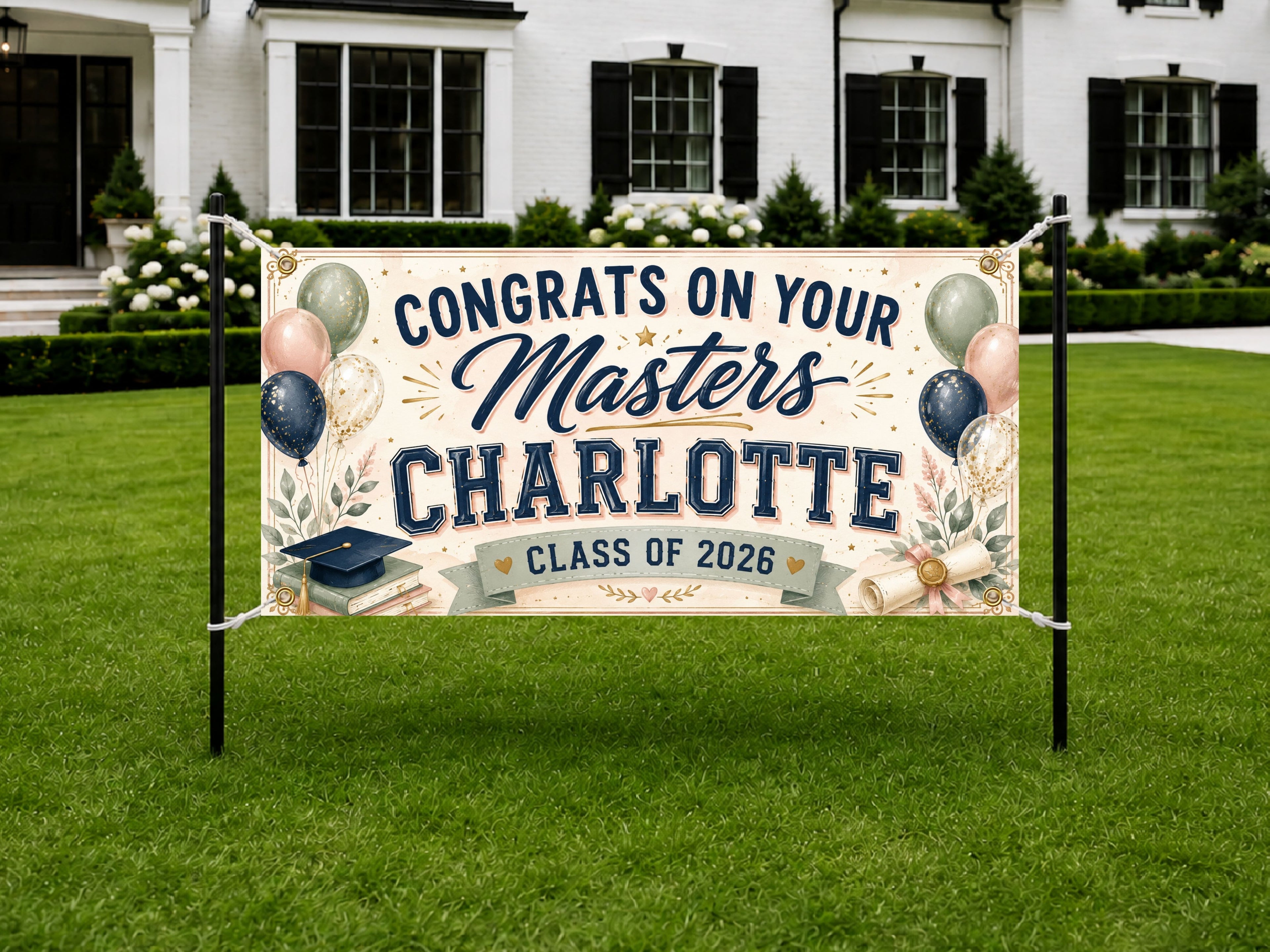 Masters Graduation Banner, Personalized Grad Party Sign, Custom Name Backdrop