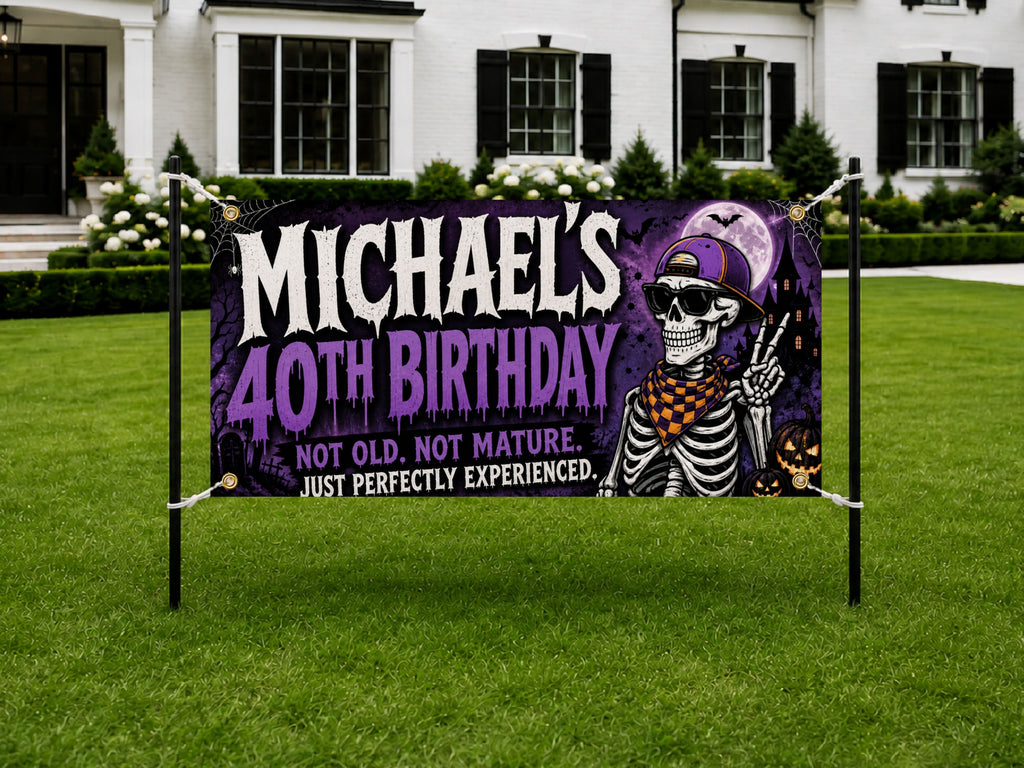 Personalized 40th Birthday Banner, Skeleton Party Sign, Custom Name Backdrop