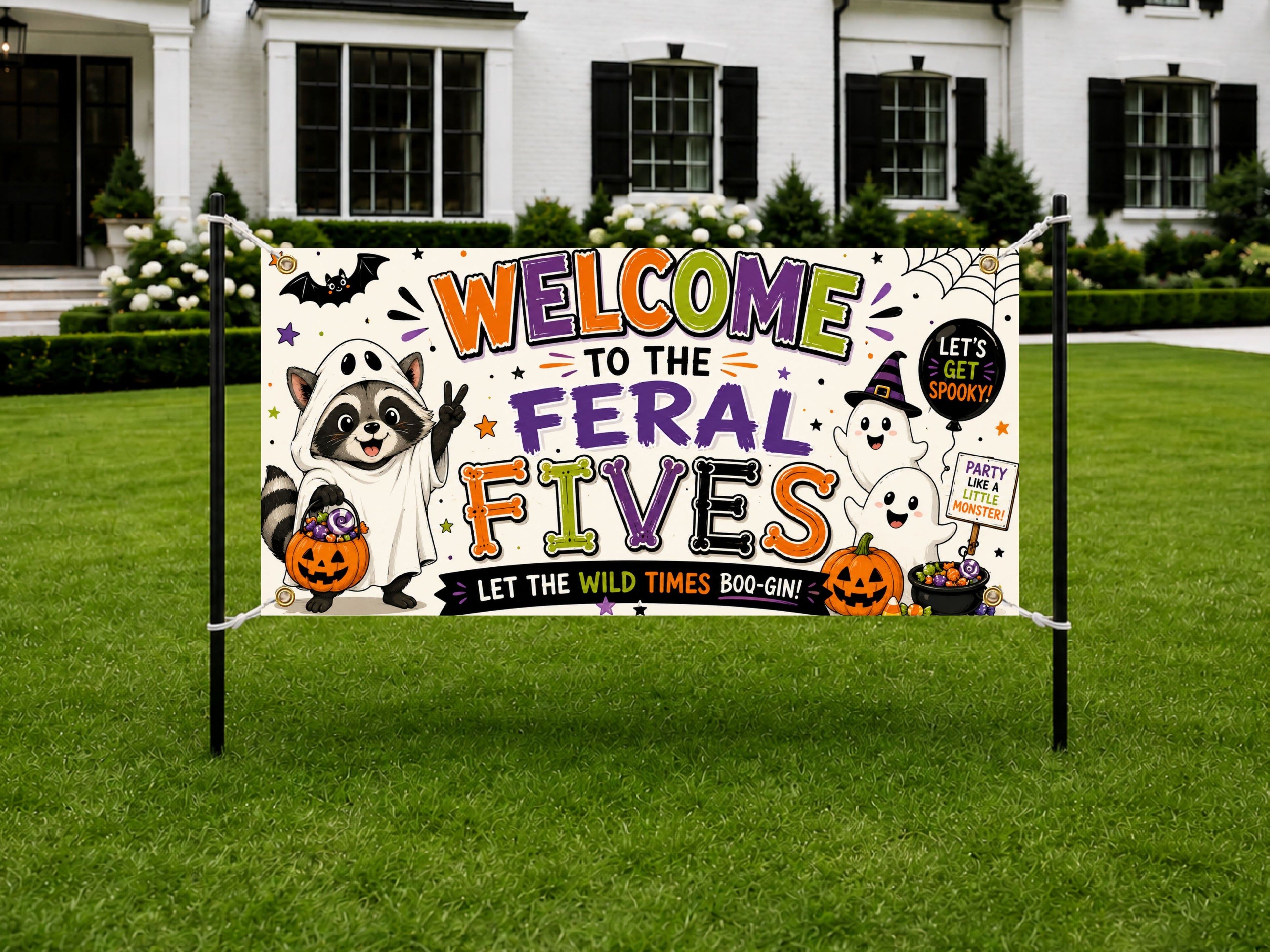 Personalized 5th Birthday Banner, Feral Fives Raccoon Party Sign, Halloween Backdrop