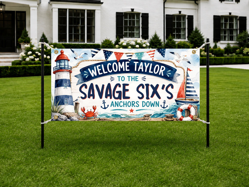 Savage Six Birthday Banner, Six and 6 Year Old Nautical Birthday Party Decor, Sailing Birthday