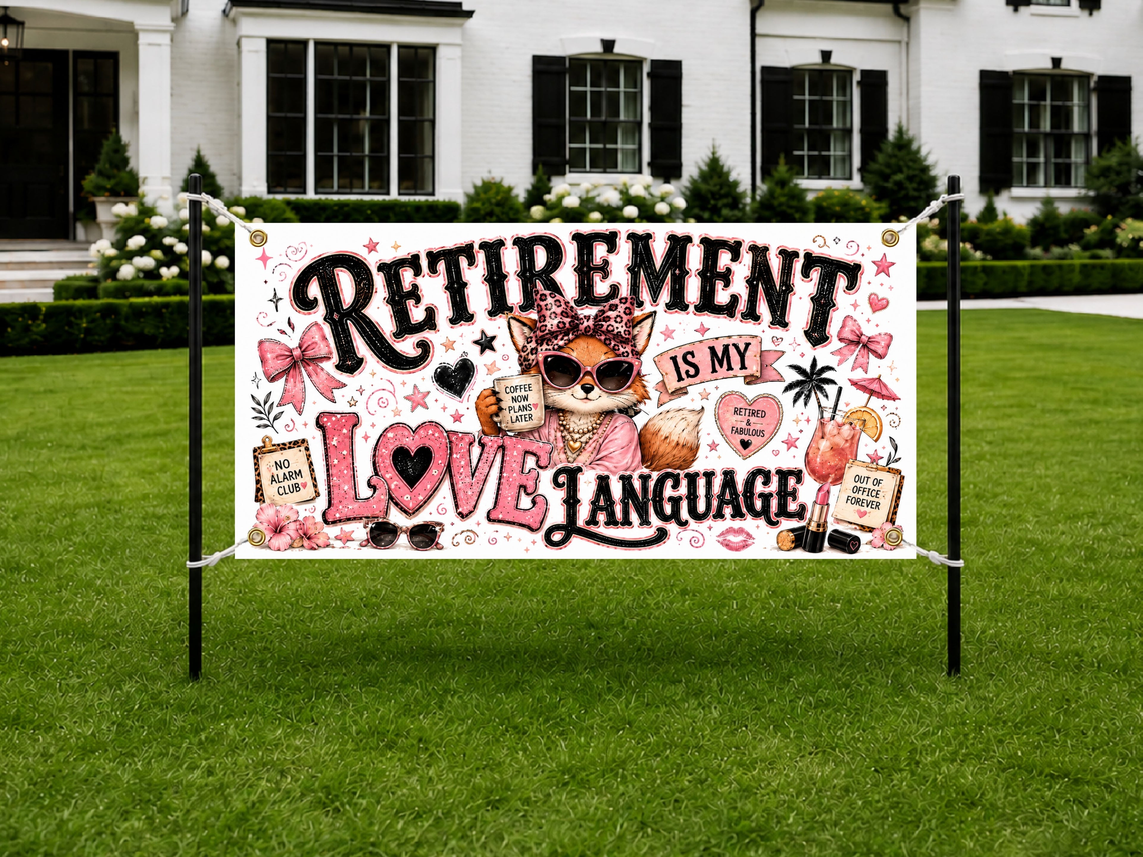 Funny Retirement Banner, Love Language Sign, Women Office Backdrop