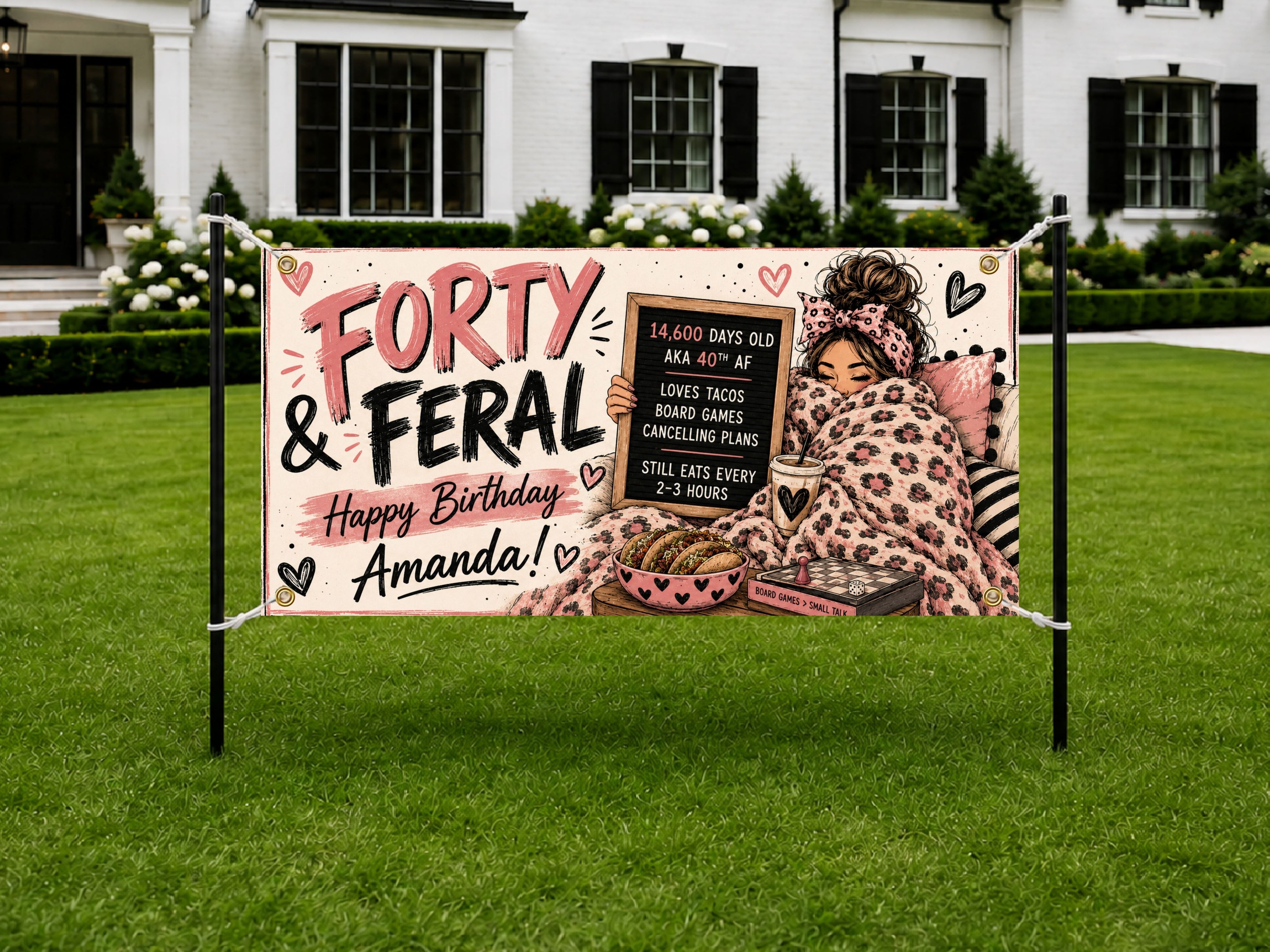 40th Birthday Banner, Forty and Feral Sign, Women Party Backdrop
