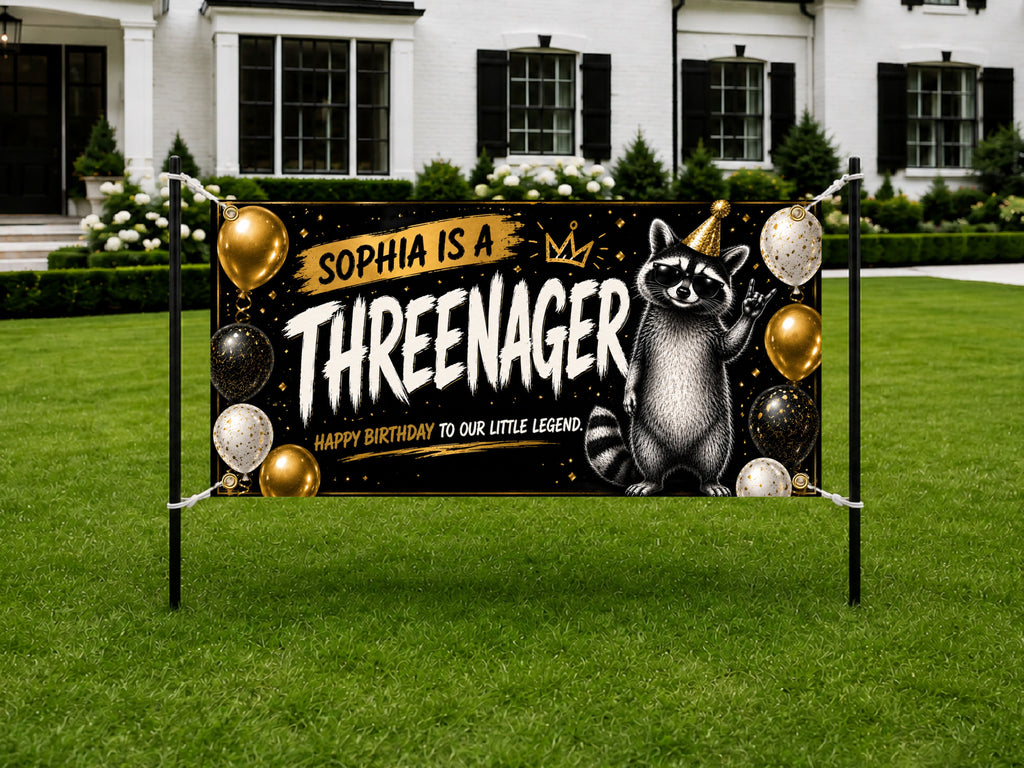 3rd Birthday Banner, Threenager Party Backdrop, Funny Raccoon Sign