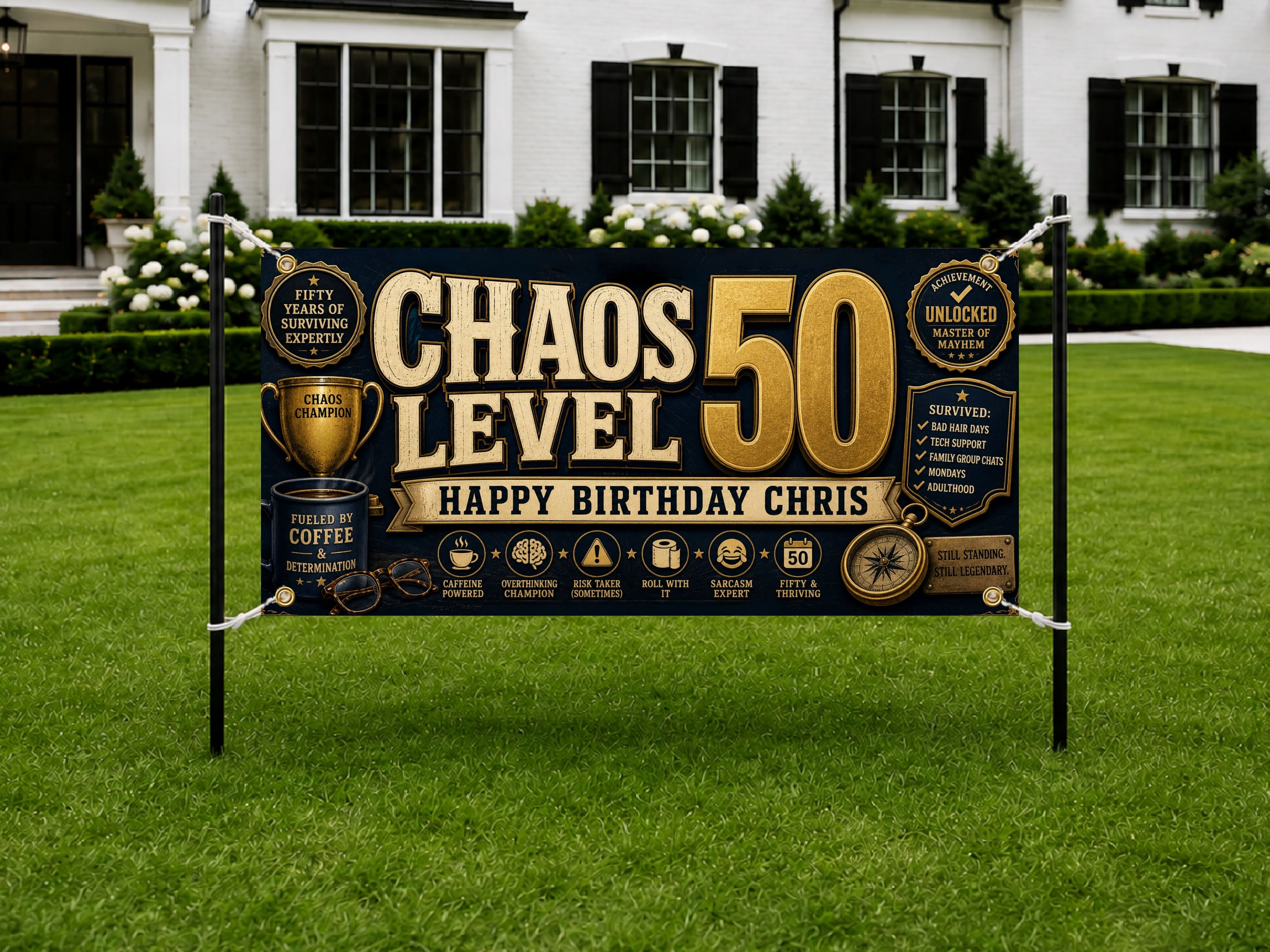 Funny 50th Birthday Banner, Chaos Level Fifty Sign, Personalized Backdrop