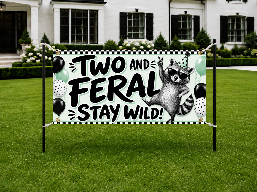 Funny 2nd Birthday Banner, Two and Feral Raccoon Sign, Party Backdrop