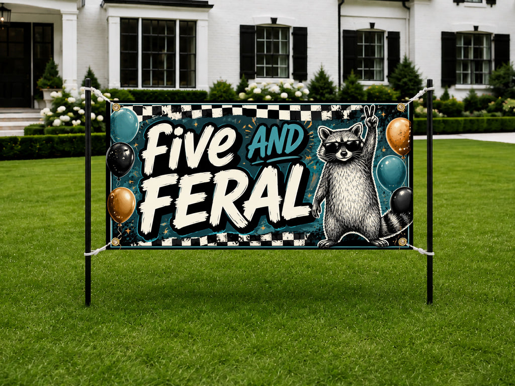 Funny 5th Birthday Banner, Five and Feral Raccoon Party Sign, Kids Birthday Backdrop