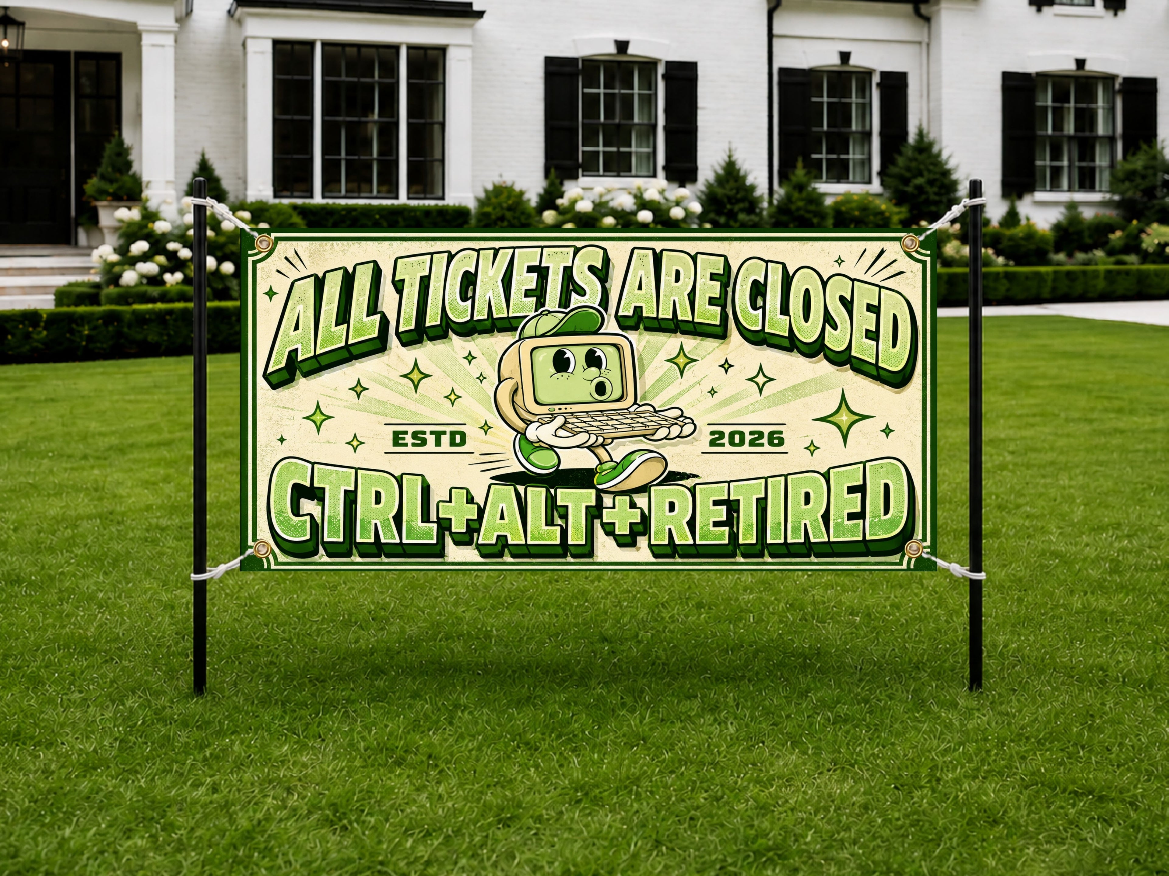 Funny Retirement Banner, Ticket Office Sign, Retro Computer Backdrop