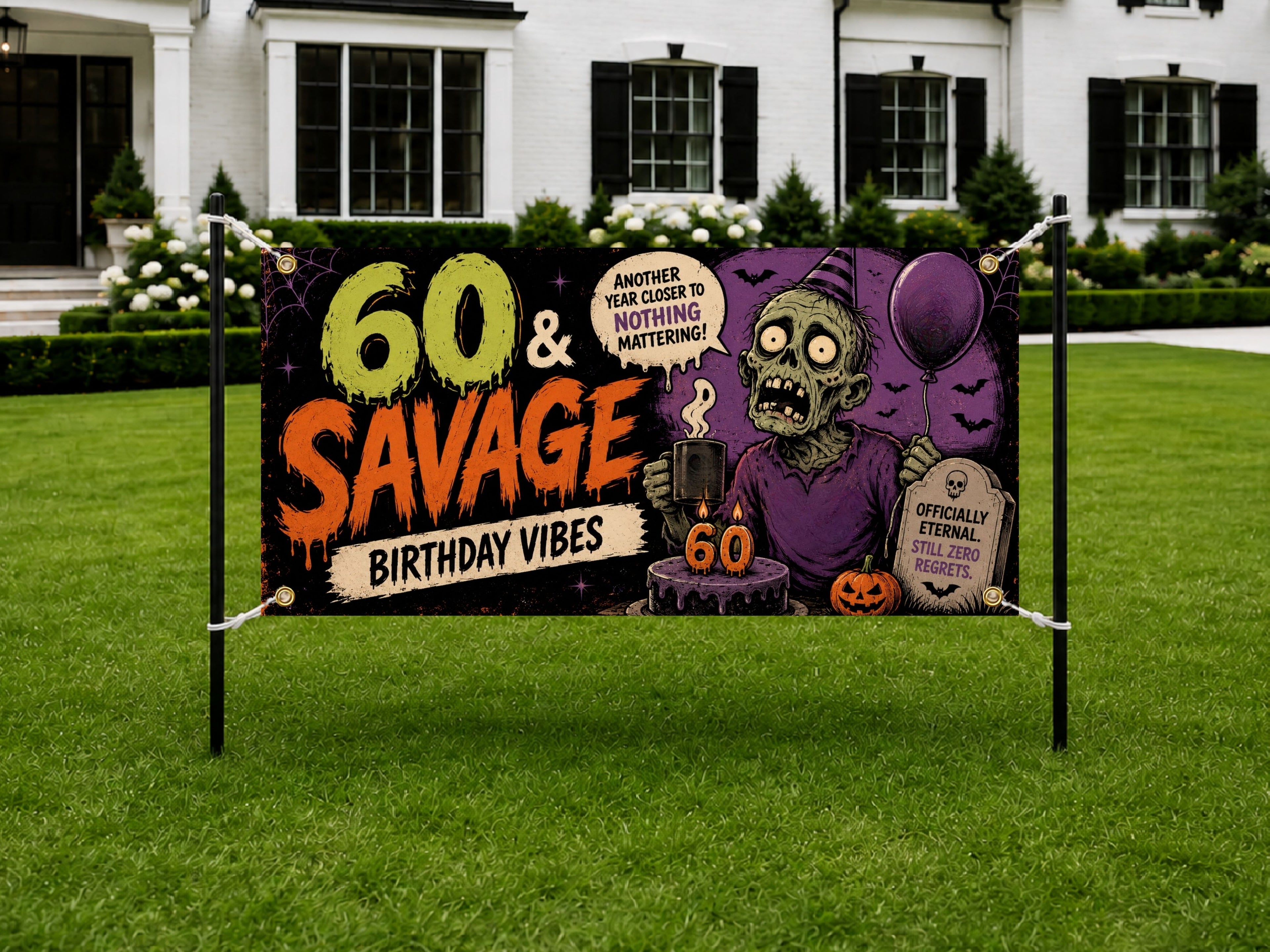 Funny 60th Birthday Banner, Sixty And Savage Zombie Party Sign, Halloween Backdrop