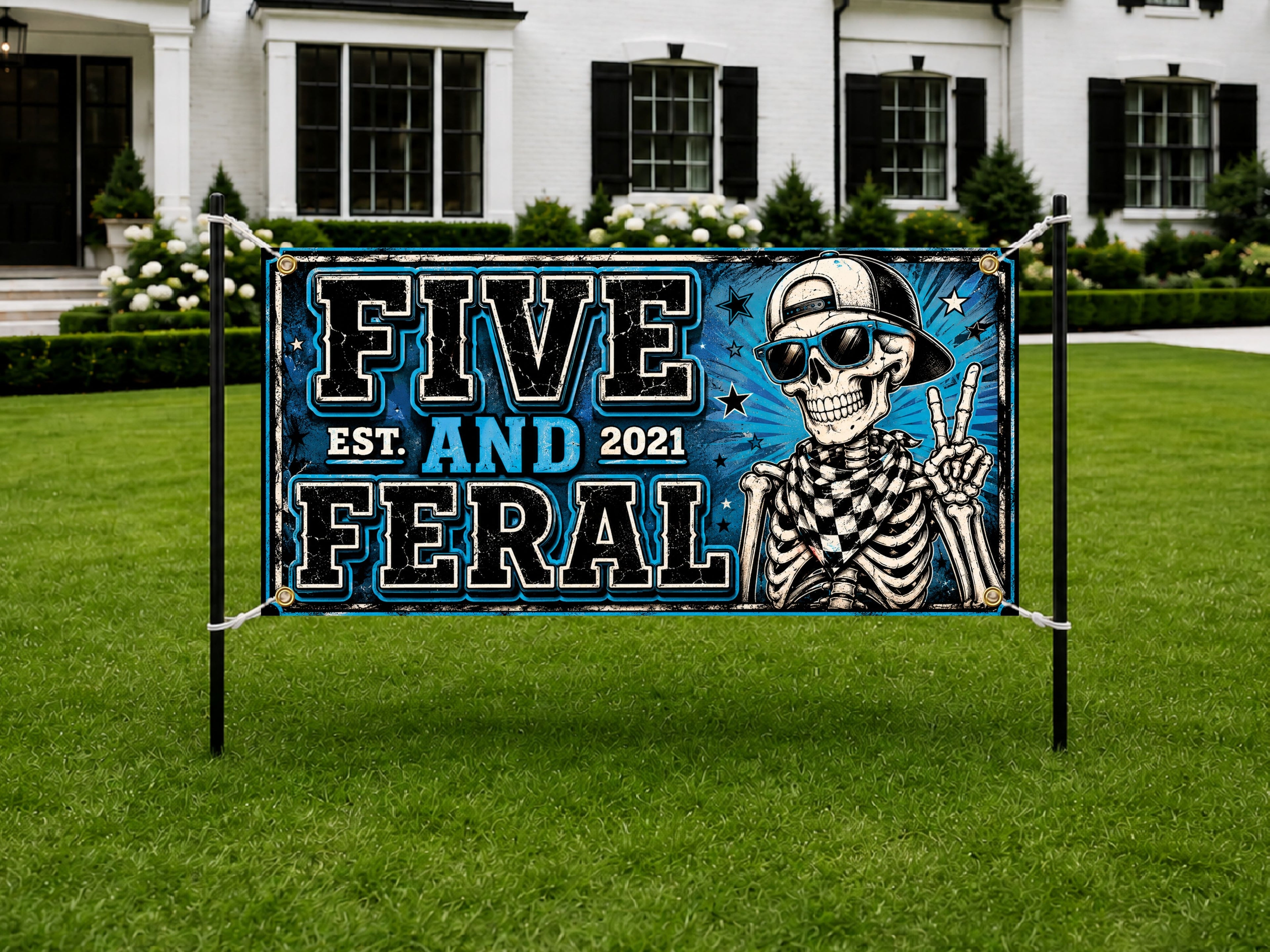 Funny 5th Birthday Banner, Skeleton Party Sign, Boy Backdrop
