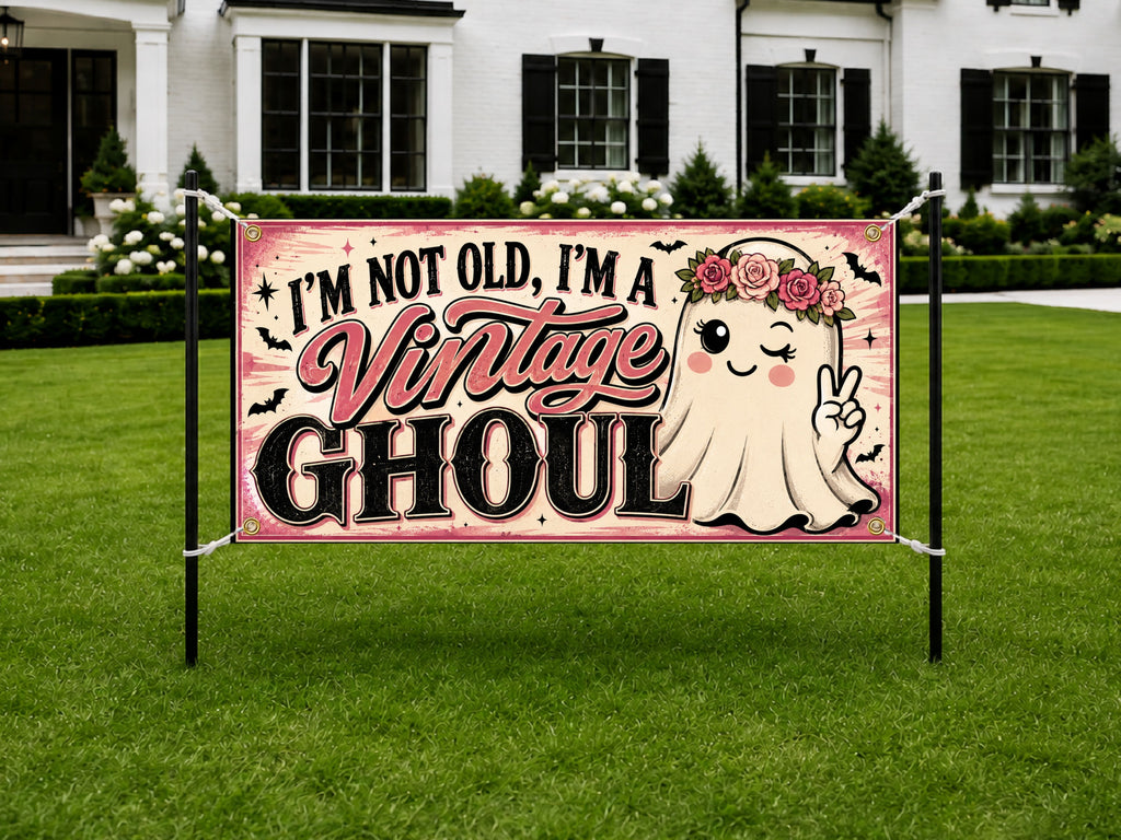 Funny Vintage Ghoul Birthday Banner, Halloween Party Backdrop, Custom Ghost Sign