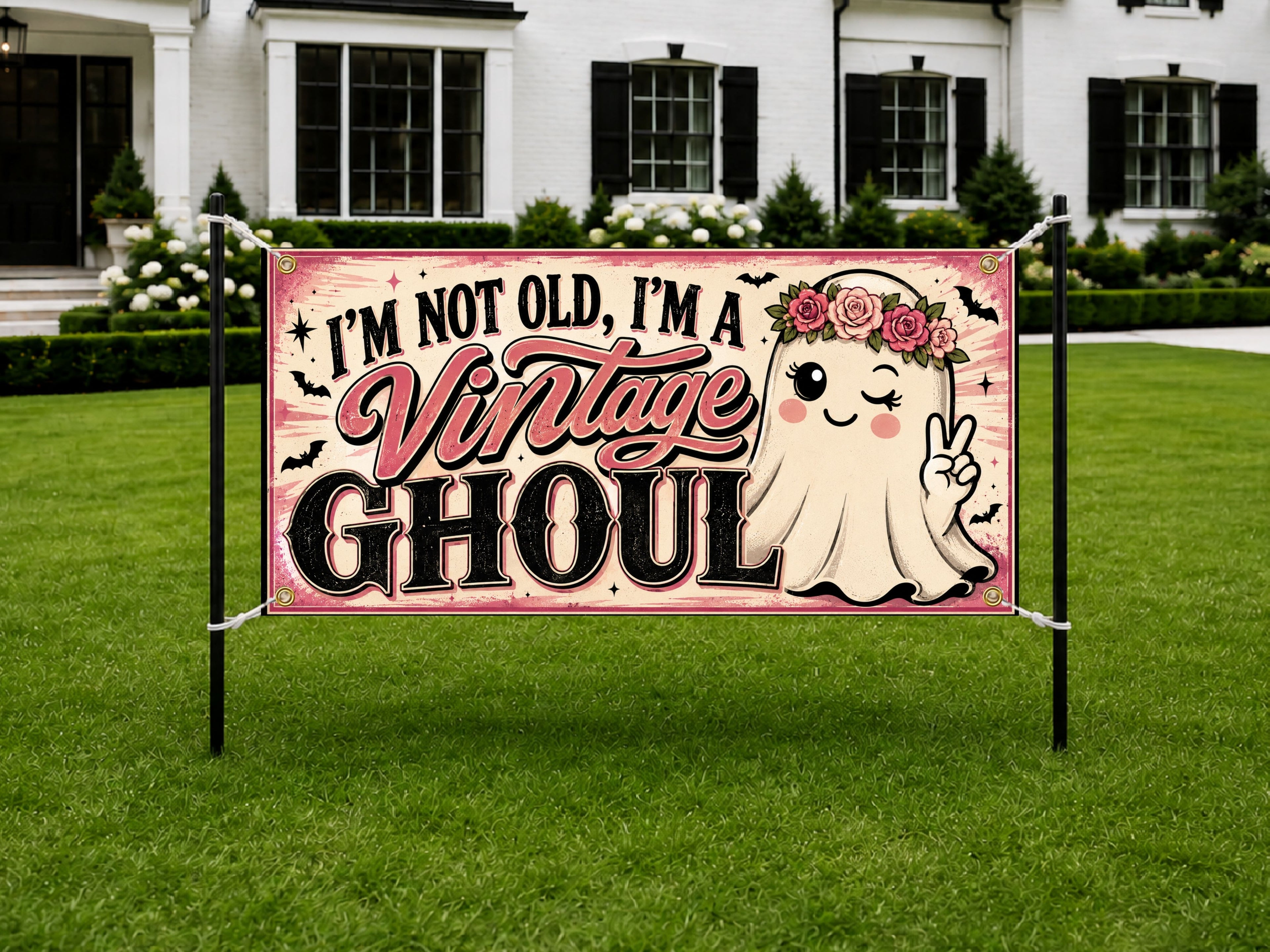 Funny Vintage Ghoul Birthday Banner, Halloween Party Backdrop, Custom Ghost Sign