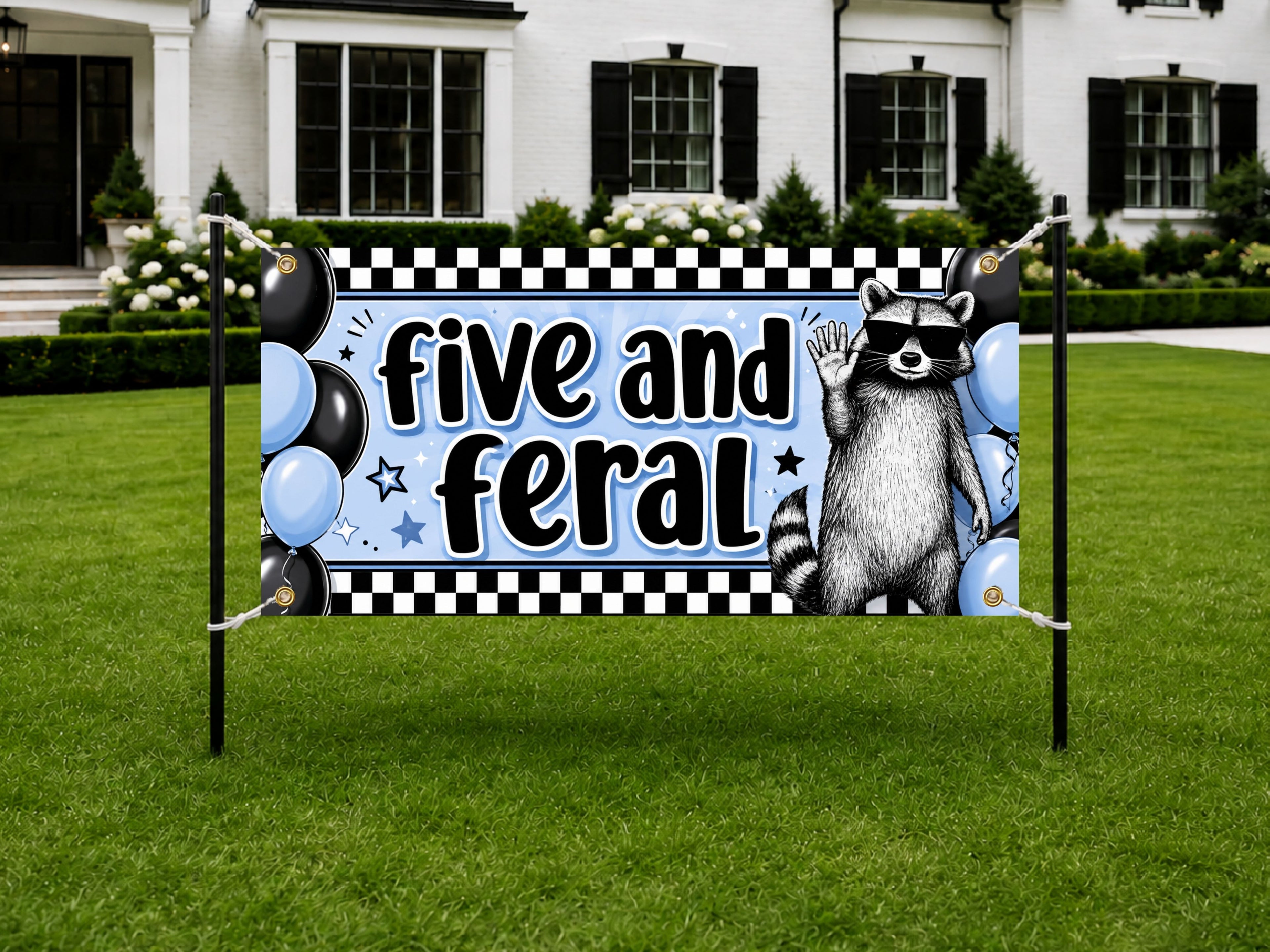 Five and Feral Birthday Banner, 5 Year Old Funny Raccoon Fifth Birthday Decor