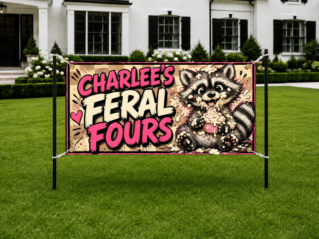 Funny 4th Birthday Banner, Feral Raccoon Sign, Kid Backdrop