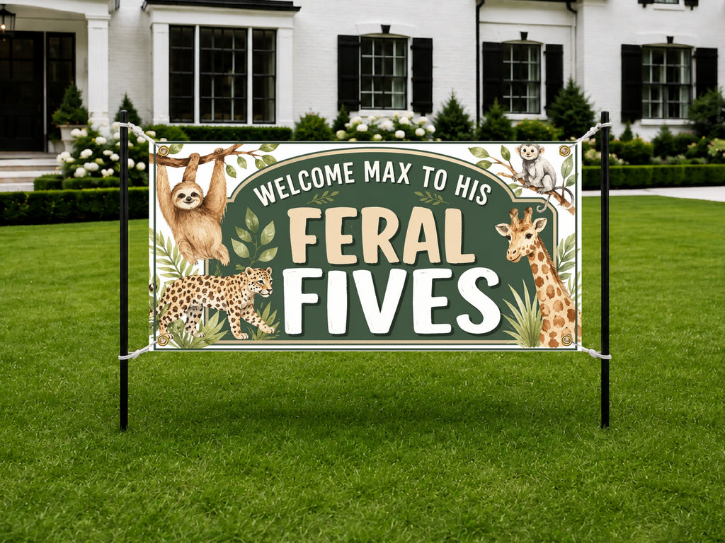 Safari Birthday Banner, 5 Year Old Jungle Birthday Party Decor, Personalized Wildlife Birthday Sign