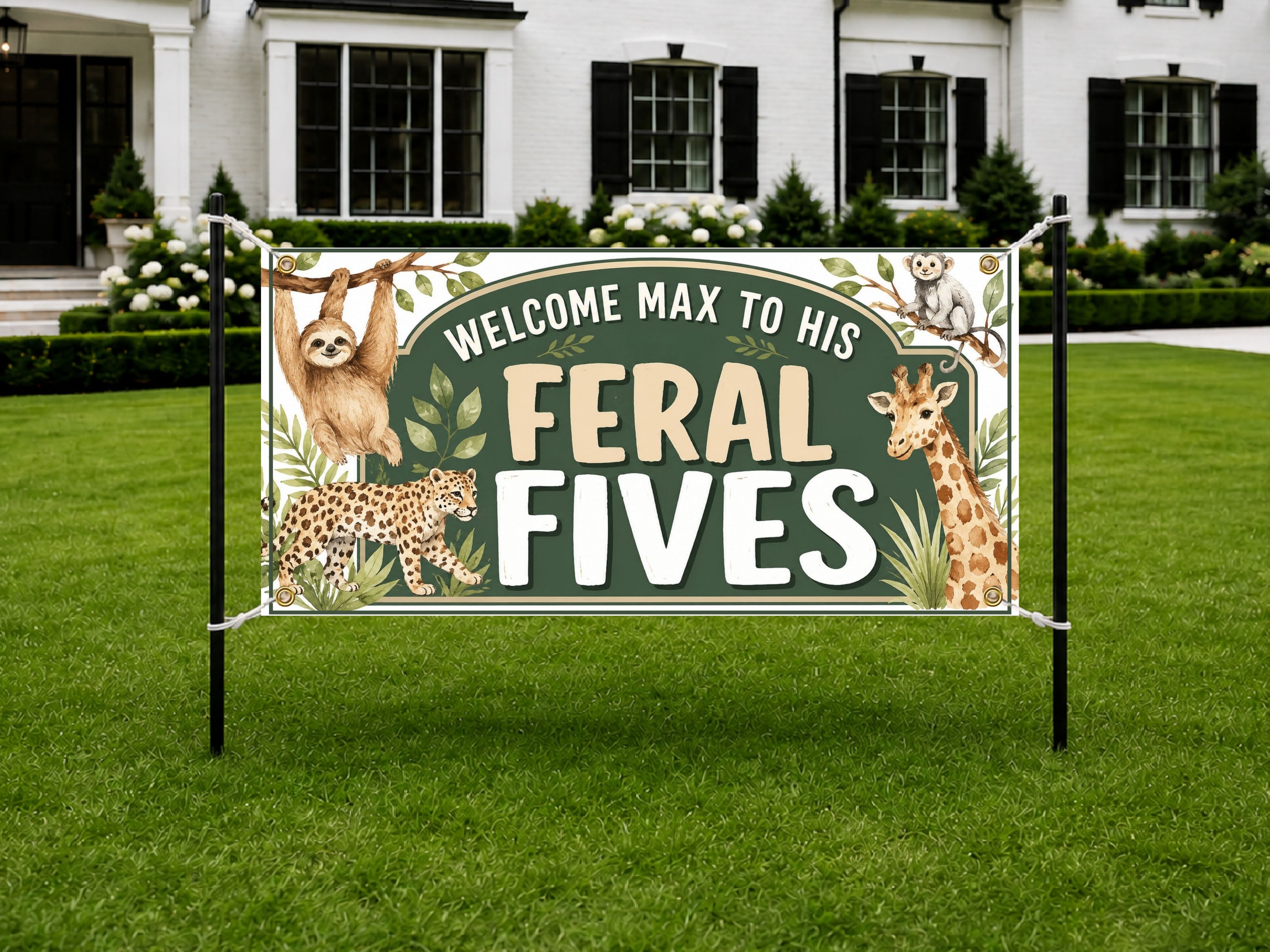 Safari Birthday Banner, 5 Year Old Jungle Birthday Party Decor, Personalized Wildlife Birthday Sign