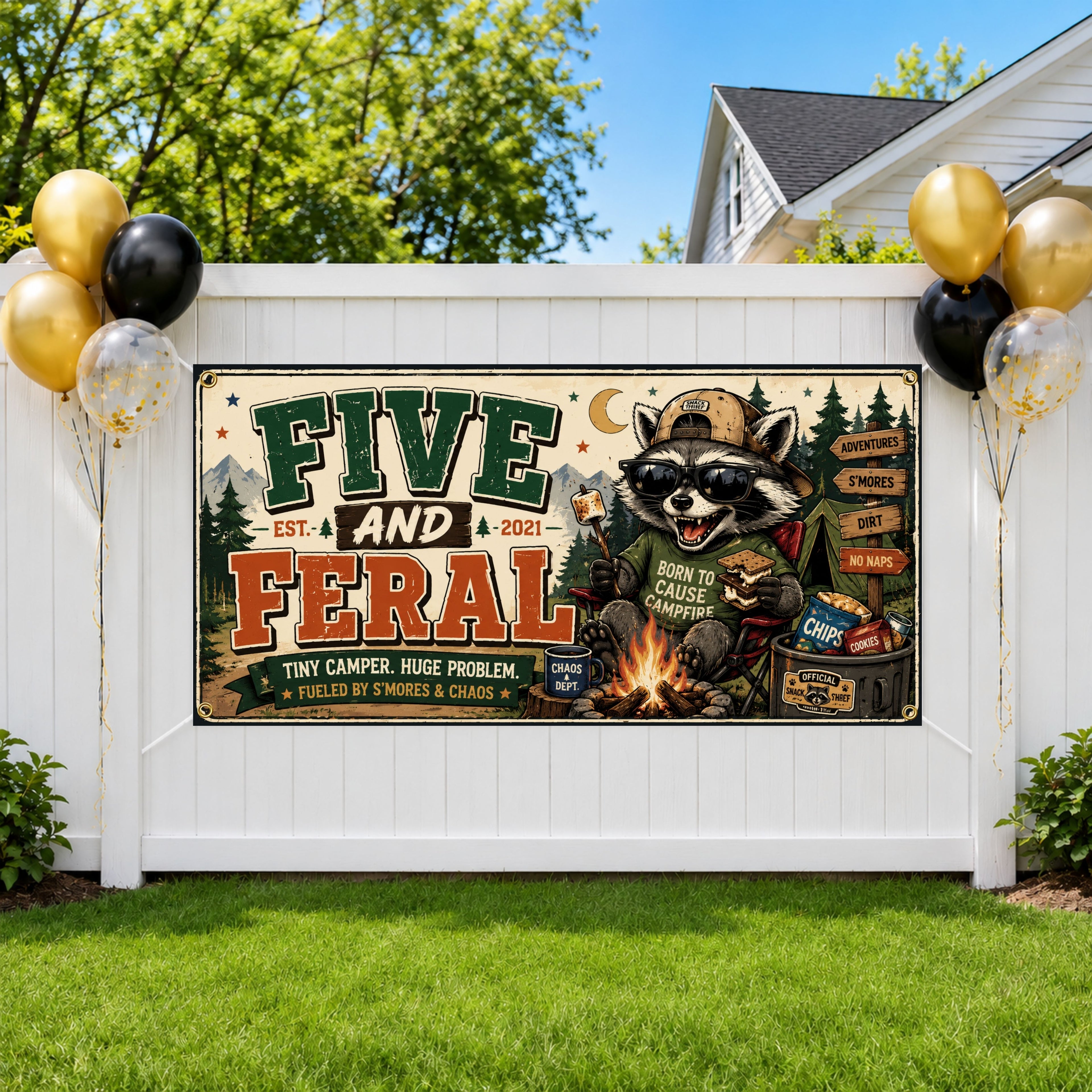 Funny 5th Birthday Banner, Camping Raccoon Party Sign, Personalized Kids Birthday Banner