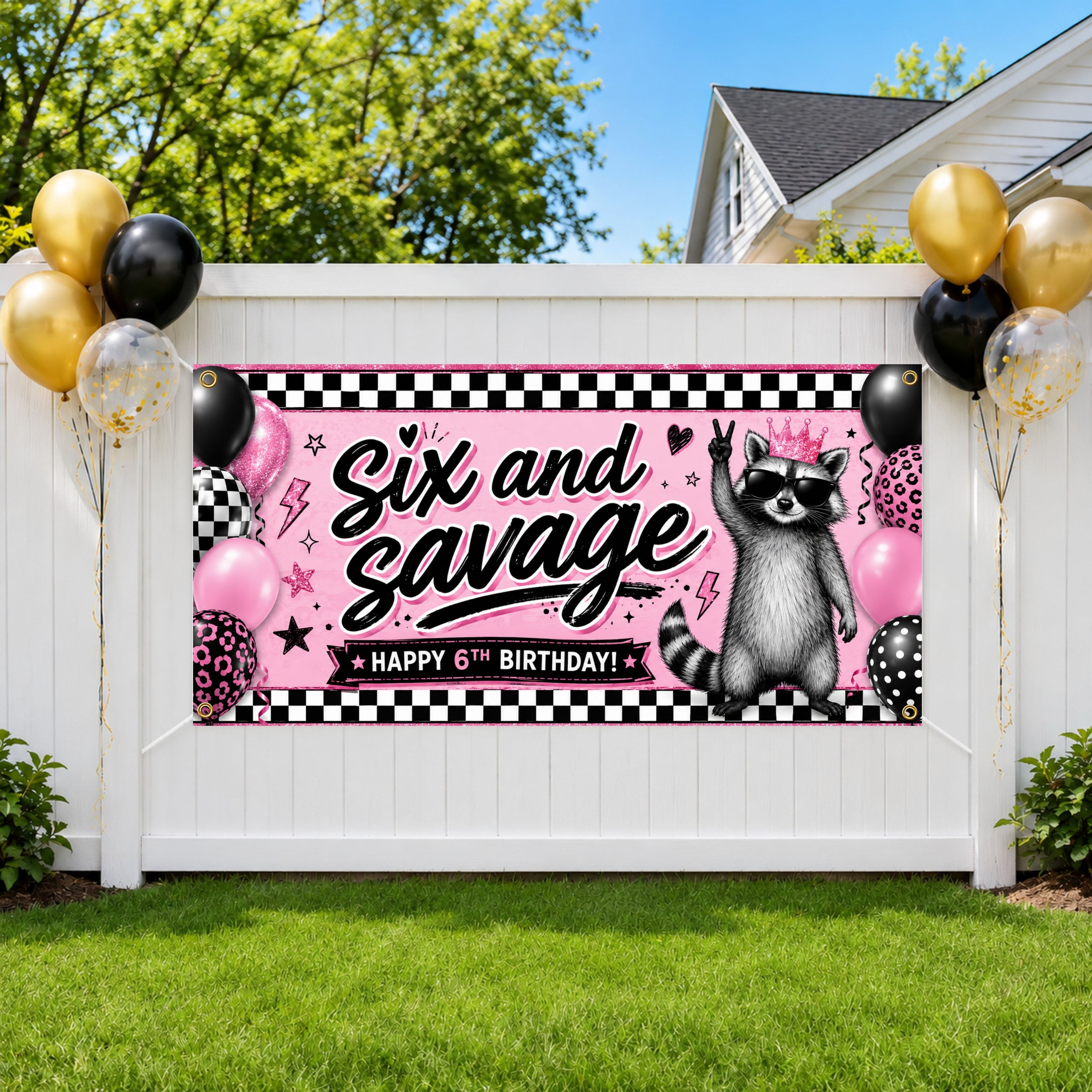 Six and Savage Birthday Banner, 6 Year Old Pink Raccoon Sixth Birthday Party Decor