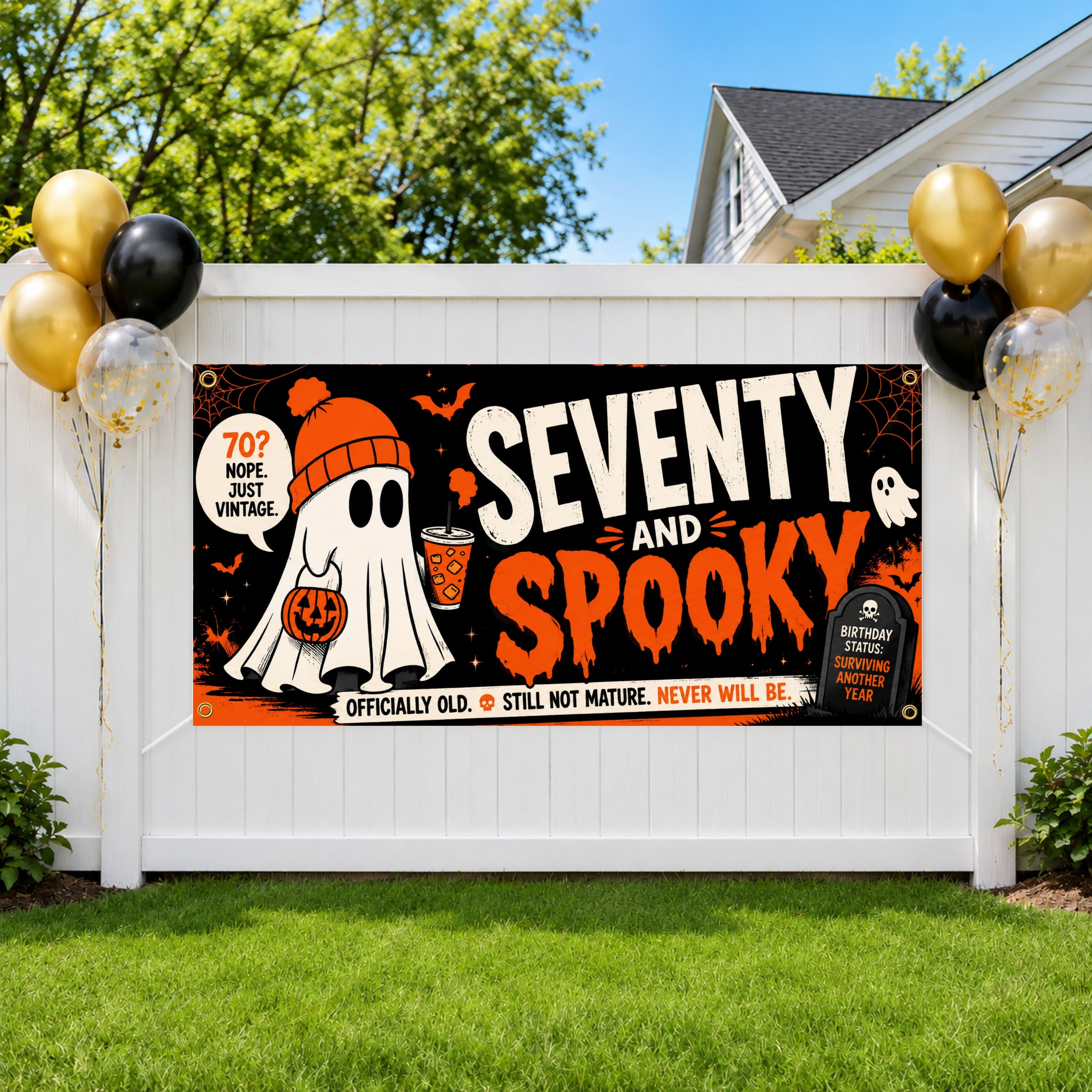 Funny 70th Birthday Banner, Seventy And Spooky Party Sign, Ghost Backdrop