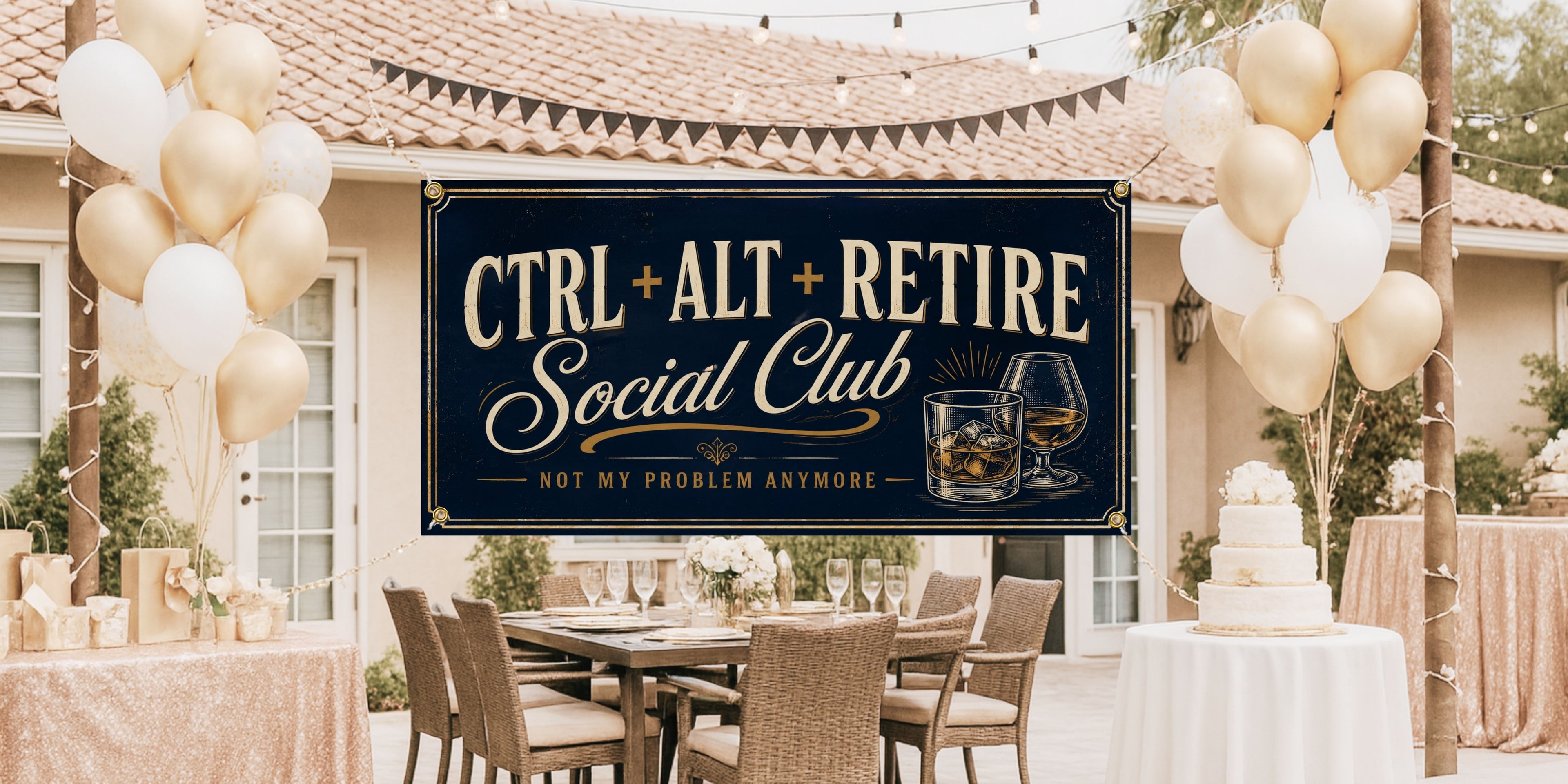 Funny Tech Retirement Banner | Ctrl Alt Retire Social Club Not My Problem IT Sys Admin Retirement