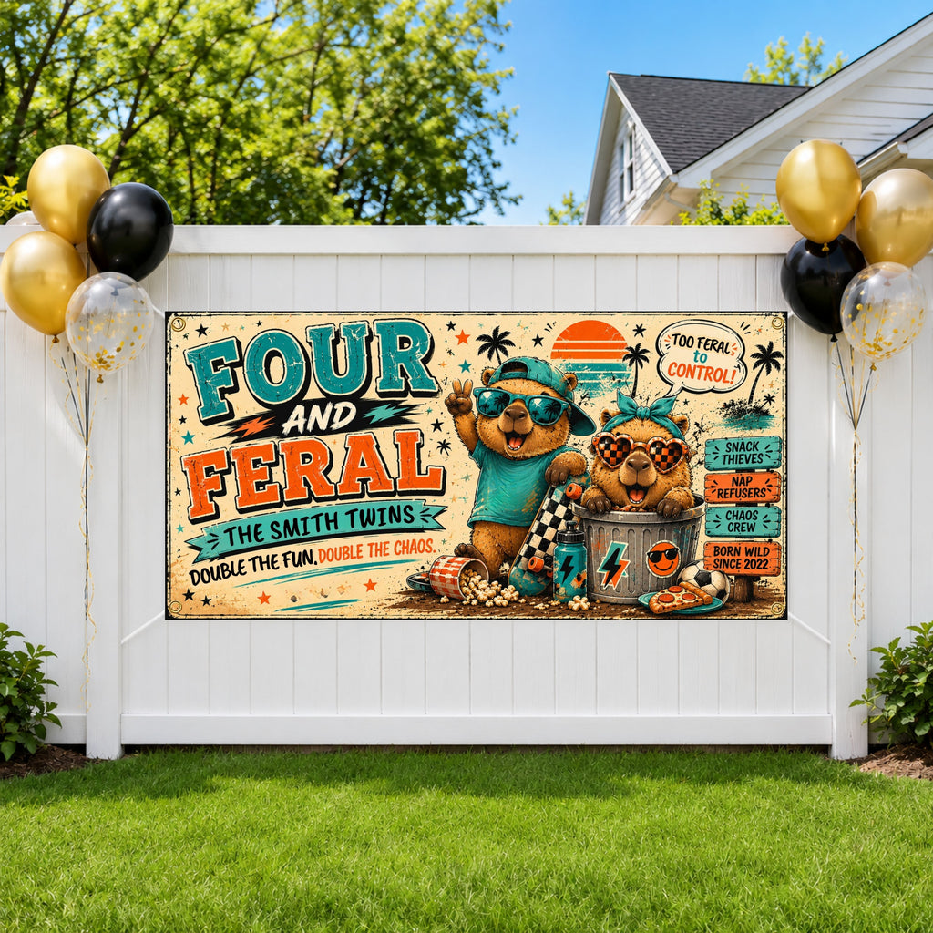 Funny 4th Birthday Banner, Twin Capybara Party Sign, Personalized Twins Bday Banner