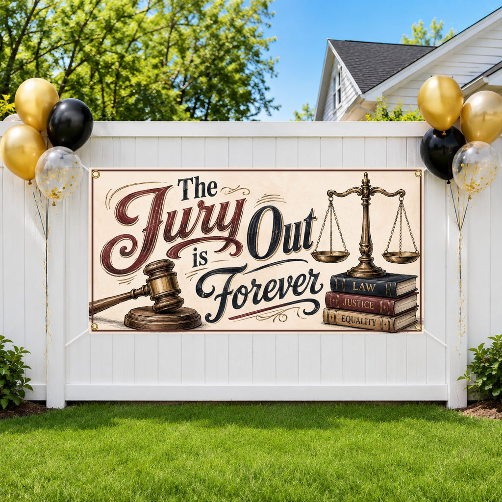 Lawyer Retirement Banner, Jury Is Out Sign, Office Farewell Backdrop