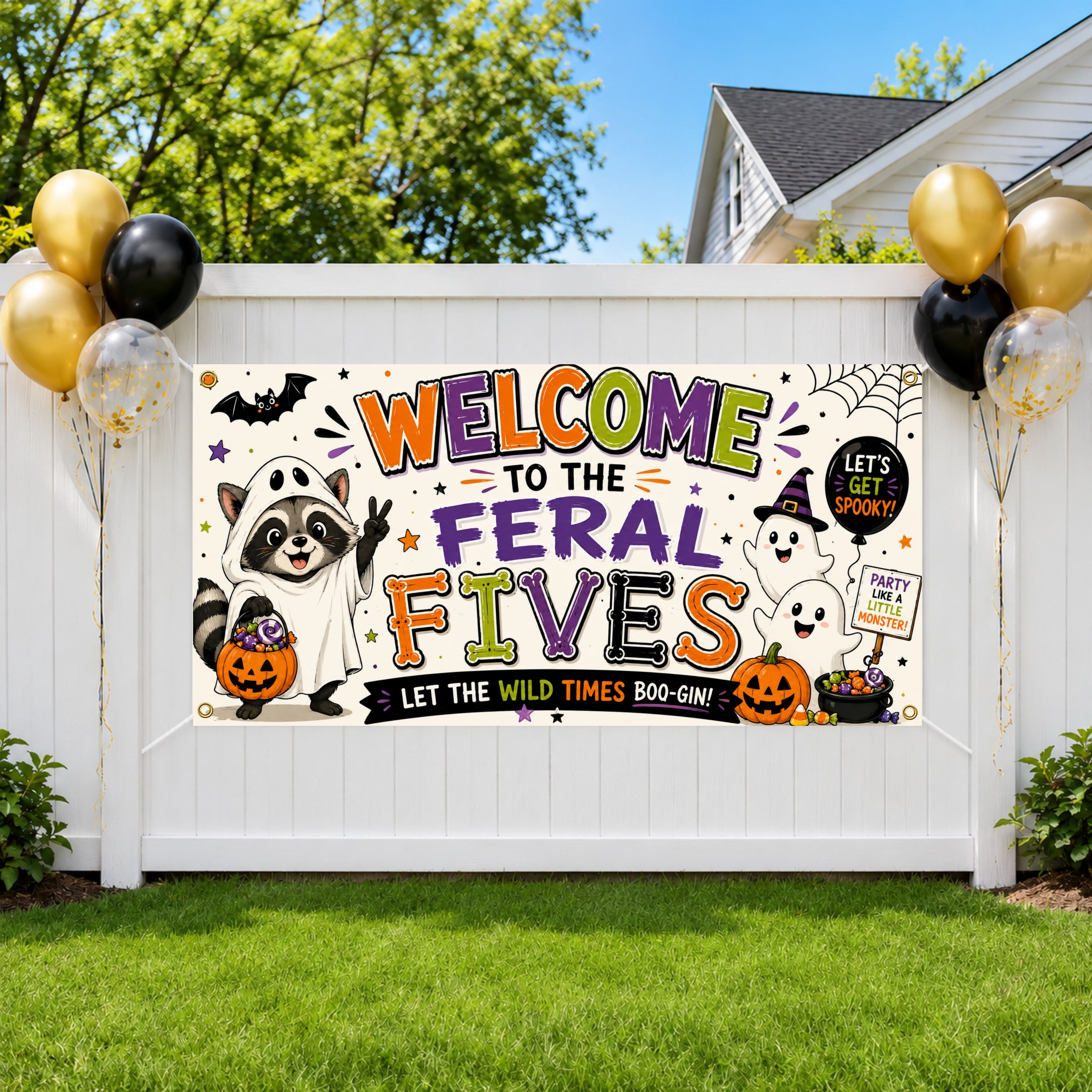 Personalized 5th Birthday Banner, Feral Fives Raccoon Party Sign, Halloween Backdrop