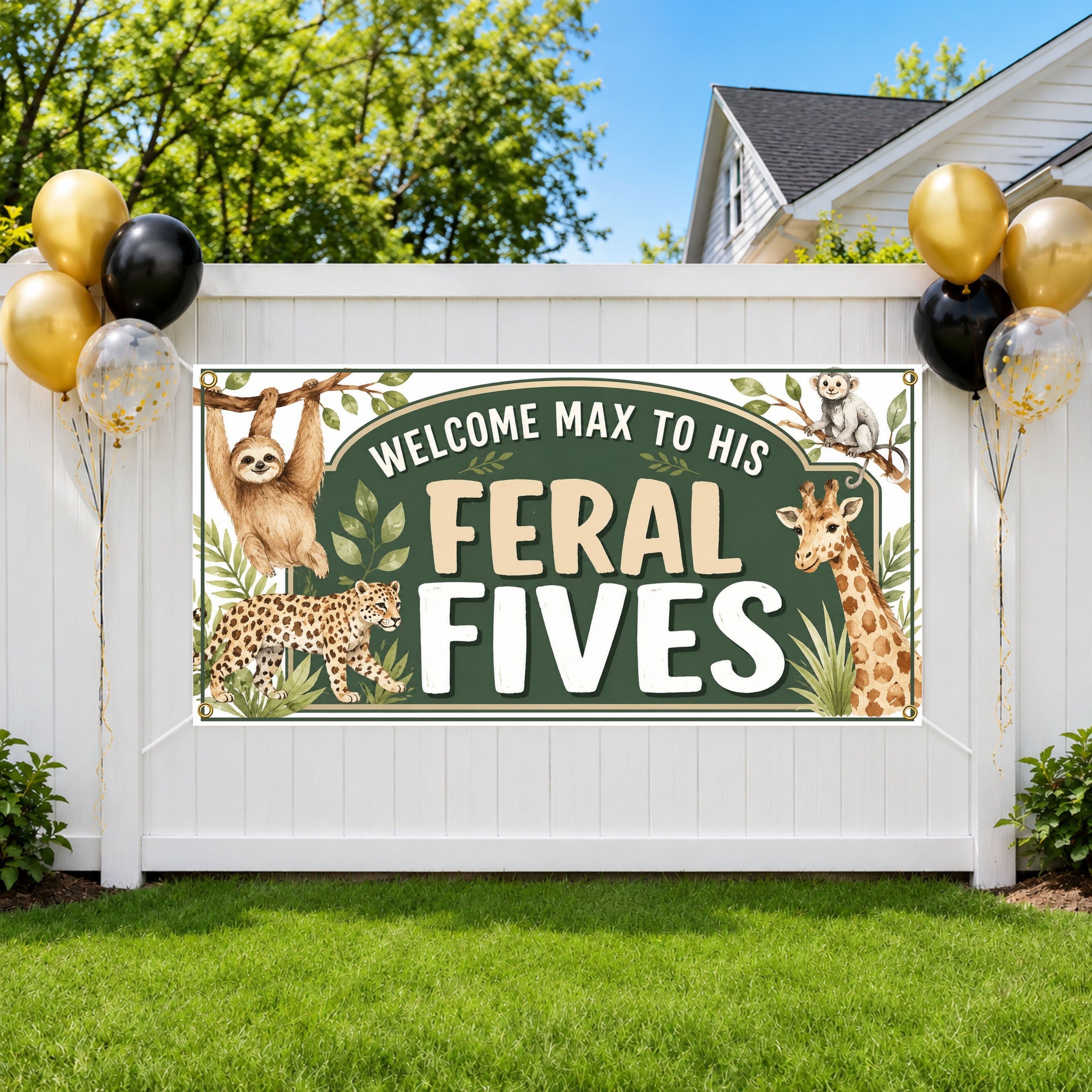 Safari Birthday Banner, 5 Year Old Jungle Birthday Party Decor, Personalized Wildlife Birthday Sign