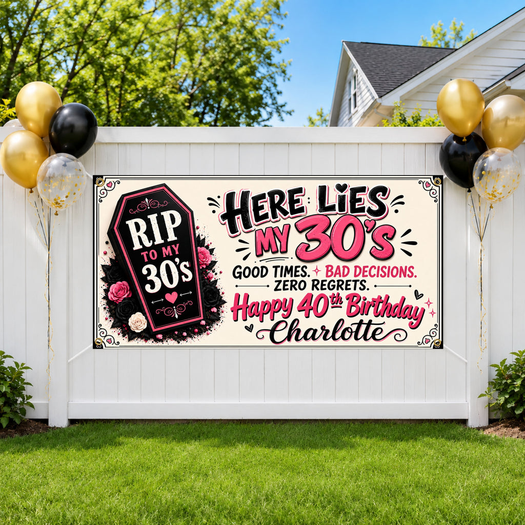 40th Birthday Banner, RIP 30s Party Sign, Gothic Photo Backdrop
