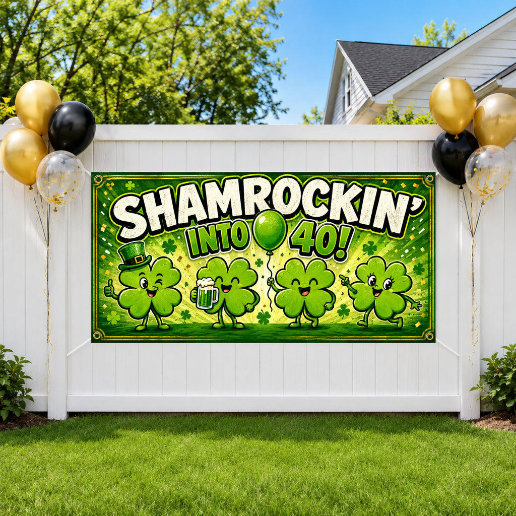 Funny 40th Birthday Banner, Shamrockin Into 40 Party Sign, Irish Photo Backdrop