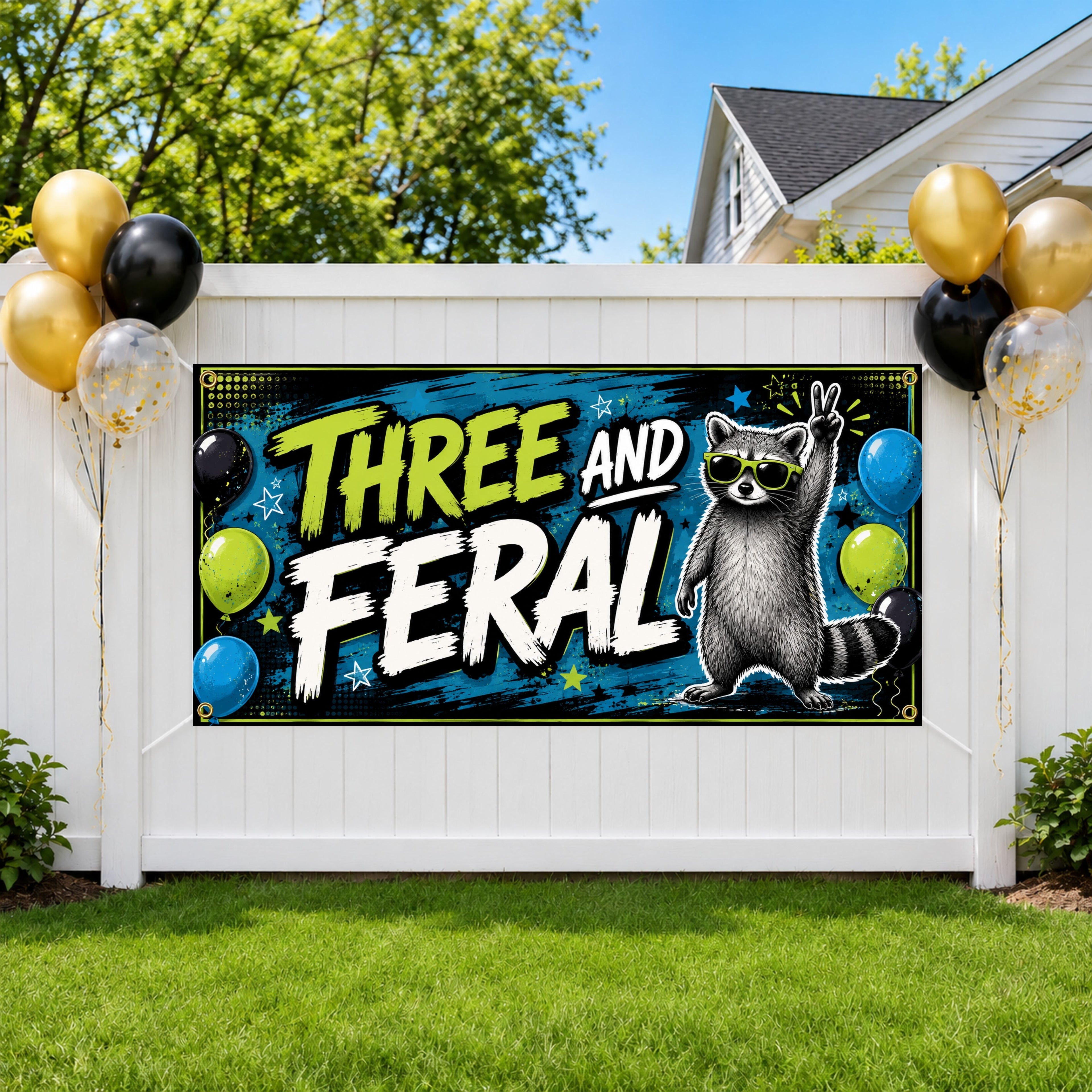 Funny 3rd Birthday Banner, Three and Feral Party Sign, Kids Photo Backdrop